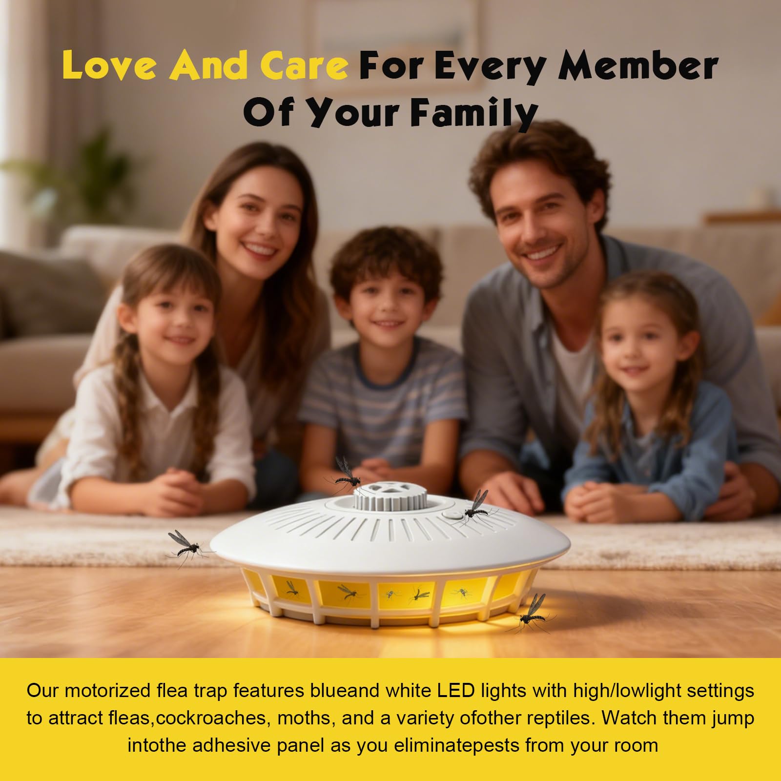 Trappola per pulci con luce LED a 360° per appartamento, include 15 adesivi e 4 modalità luminose. Doppia alimentazione, non tossica e inodore. Ideale per soggiorno, cucina, camera da letto e tappeti