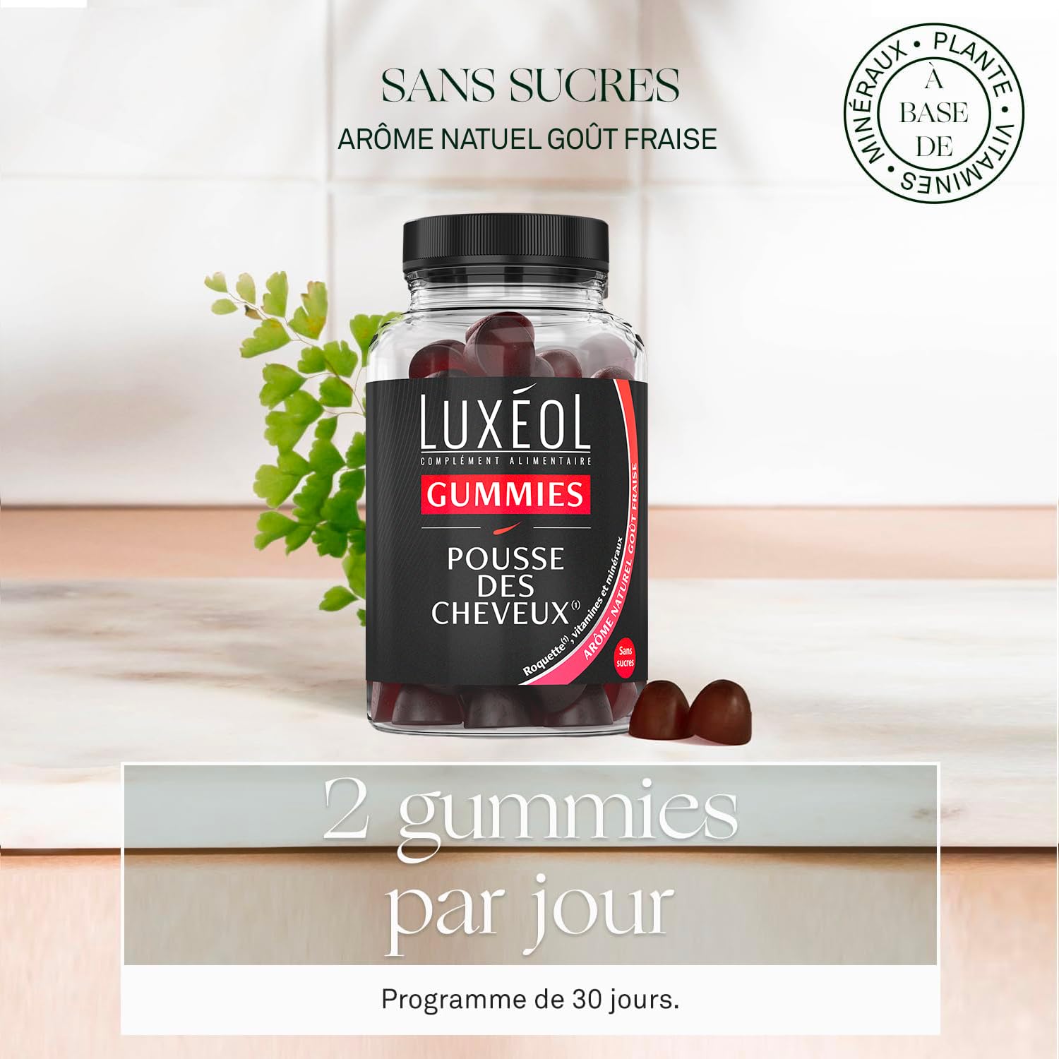 Luxéol - Gummies Pousse Cheveux - Complément Alimentaire - Stimule Le Bulbe Capillaire - Plante, Minéraux, Vitamines - Arôme Fraise, Sans Sucres - Fabriqué En France - Programme 1 mois - 60 Gummies