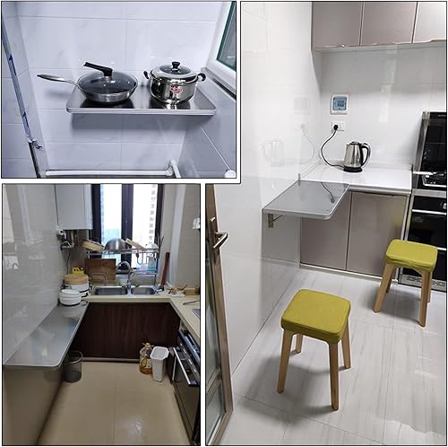 Miniatura 3 de Aigoss Escritorio plegable de acero inoxidable 304 montado en la pared, mesa de comedor plegable para cuarto de servicio, hogar, bar, cocina,