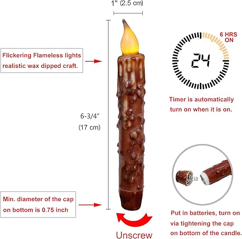 Miniatura 6 de CVHOMEDECO. Velas de cera real sumergidas a mano, funciona con pilas, temporizador LED, velas cónicas sin llama primitivas del país, 6-34 pulgadas,