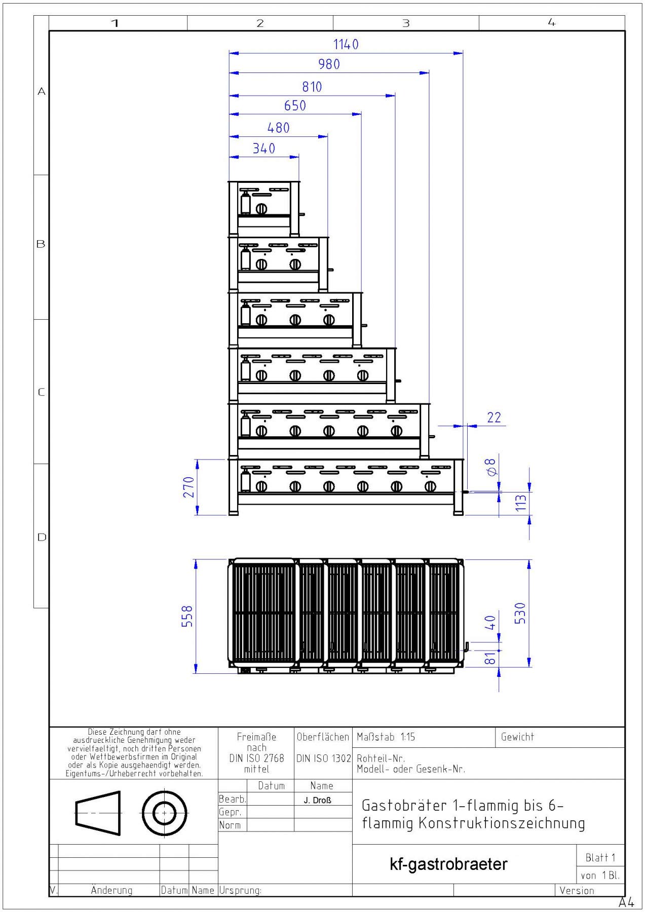 Professional Gastrobräter 3-flammig Tischgerät Edelstahl Stahlbrenner für Flüssiggas 650x530x800mm (13,5kW Rost)