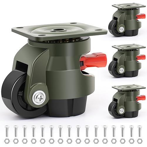 Miniatura 8 de Leveling Casters Set of 4, Workbench Casters with Ratchet Arm, 3300 LBS, Green Heavy Duty Retractable Leveling Machine Casters, Nylon Wheels &