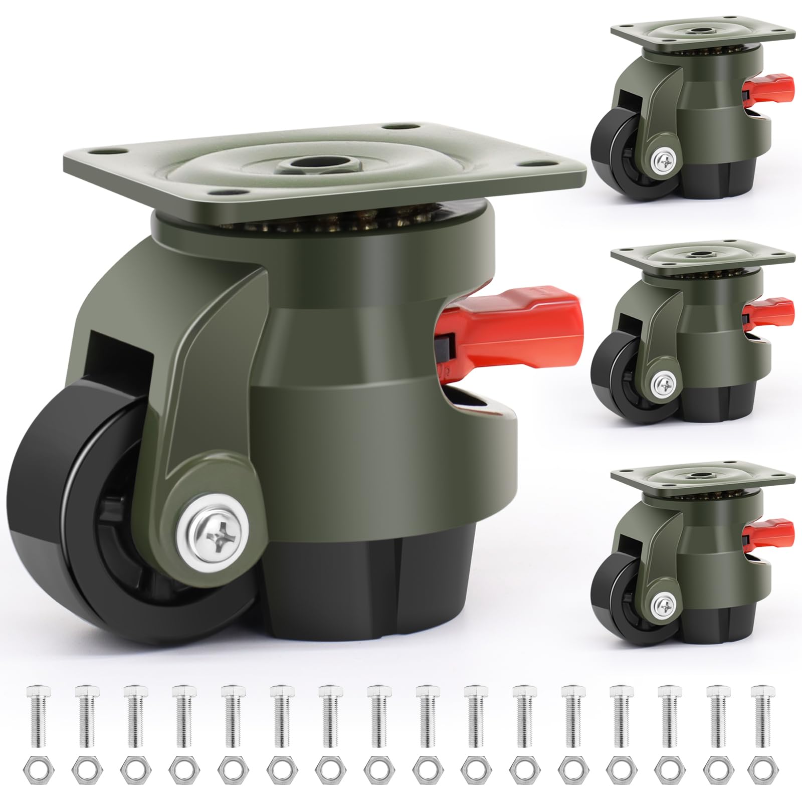 Leveling Machine Casters Wheels, Heavy Duty Workbench Casters with Ratchet Arm 2200 LBS, Green Retractable Casters Set of 4, Nylon Wheels & Leveling Feet, Suitable for Equipment, Workbench