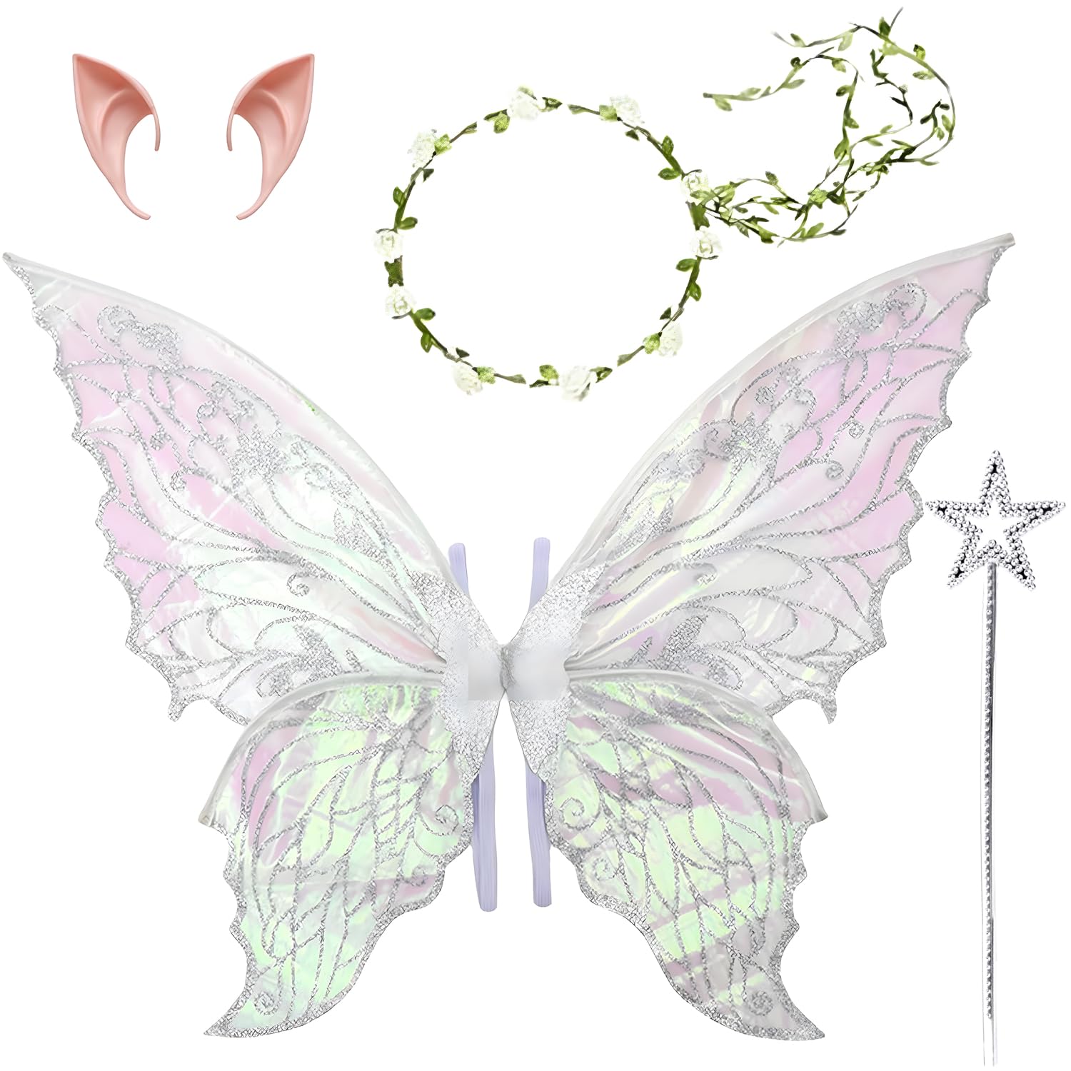 Ruichi Fairy Wings for Adult, Fairy Wings Costume for Adult Kids, Halloween Christmas Costume, Butterfly Wings Dress Up, Fairy Costume with Wands, Flower Headband, Elf Ears