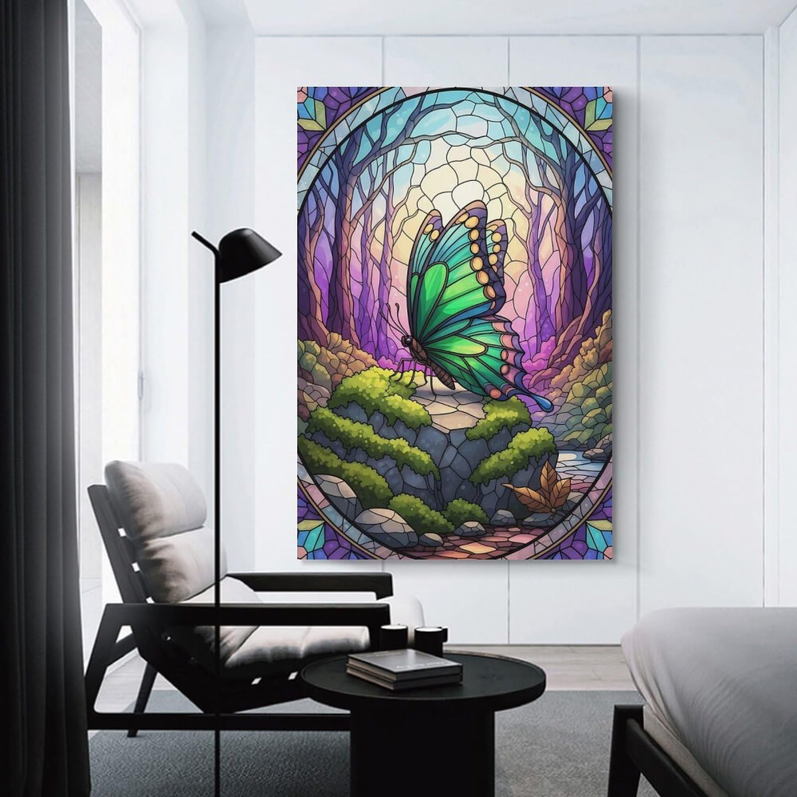 Junmoney Stained Glass Butterfly in Forest Scene Canvas Wall Picture, 16x24inch(40x60cm), for Wall Displays, Bedrooms Or Room Updates, Wall Decor Suited to Curated Displays