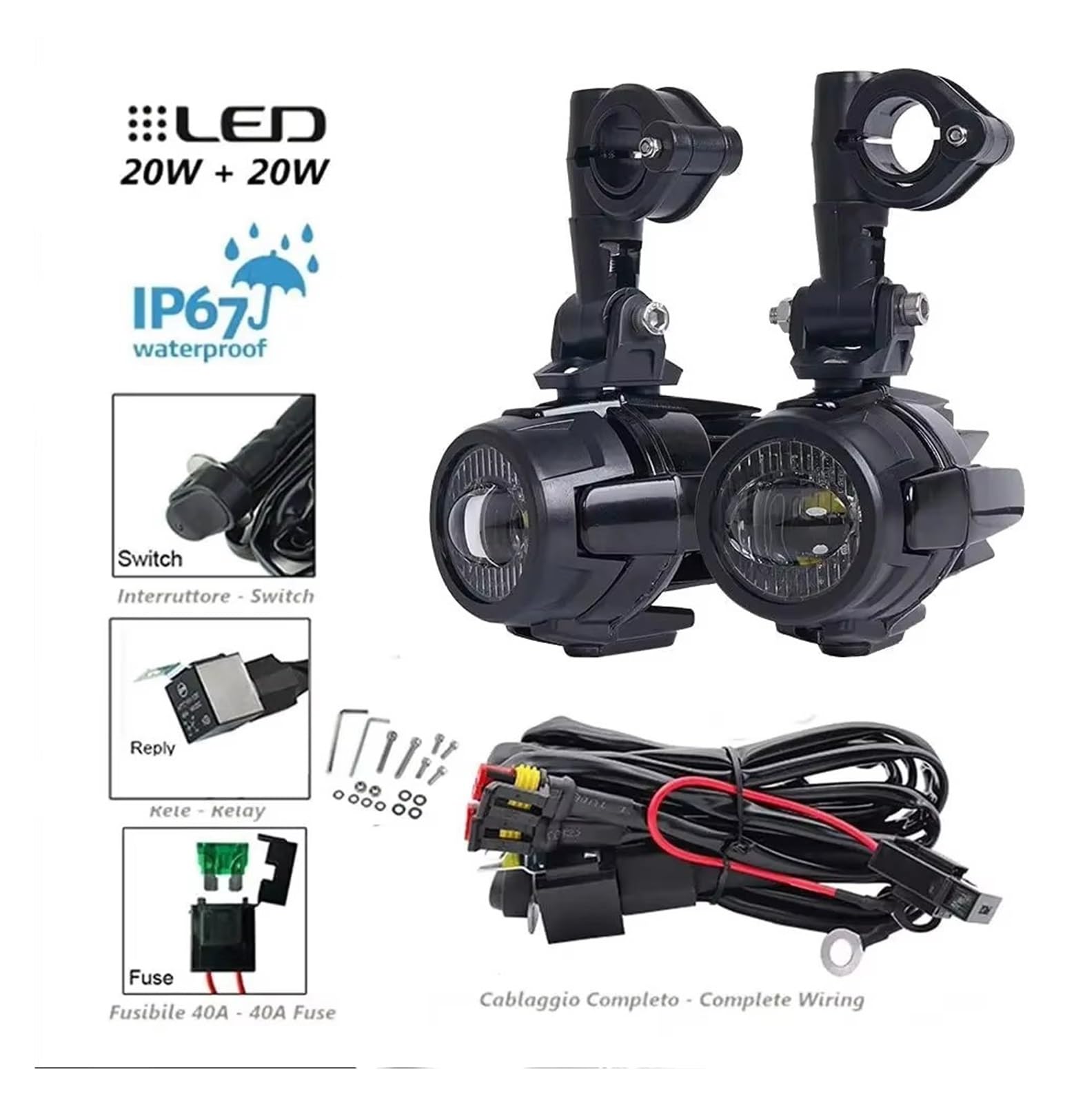 Faretti LED Moto Aggiornamento Lampada Più Luminosa Per BMW R1200GS F800GS F700GS F650 K1600 Moto Fendinebbia Luci Ausiliarie 40W 6000K Motociclo Fari(2piece light and wire)