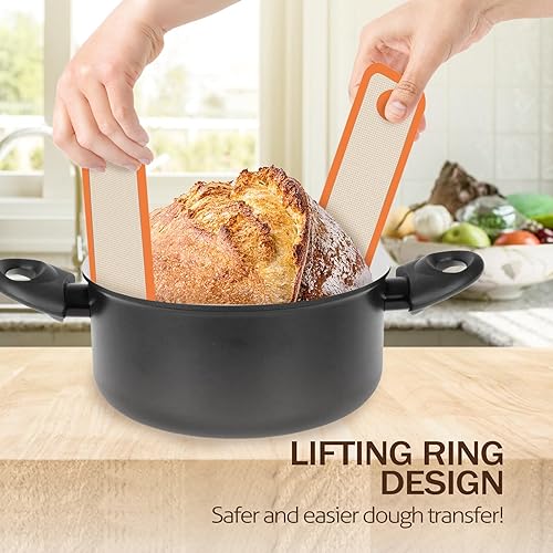Silicone Bread Sling for Dutch Oven, 2 PCS Non-Stick & Easy Clean Reusable Silicone Bread Baking Mats with Long Handles, Easy to Transfer Sourdough Bread(Orange,2Pack Round)