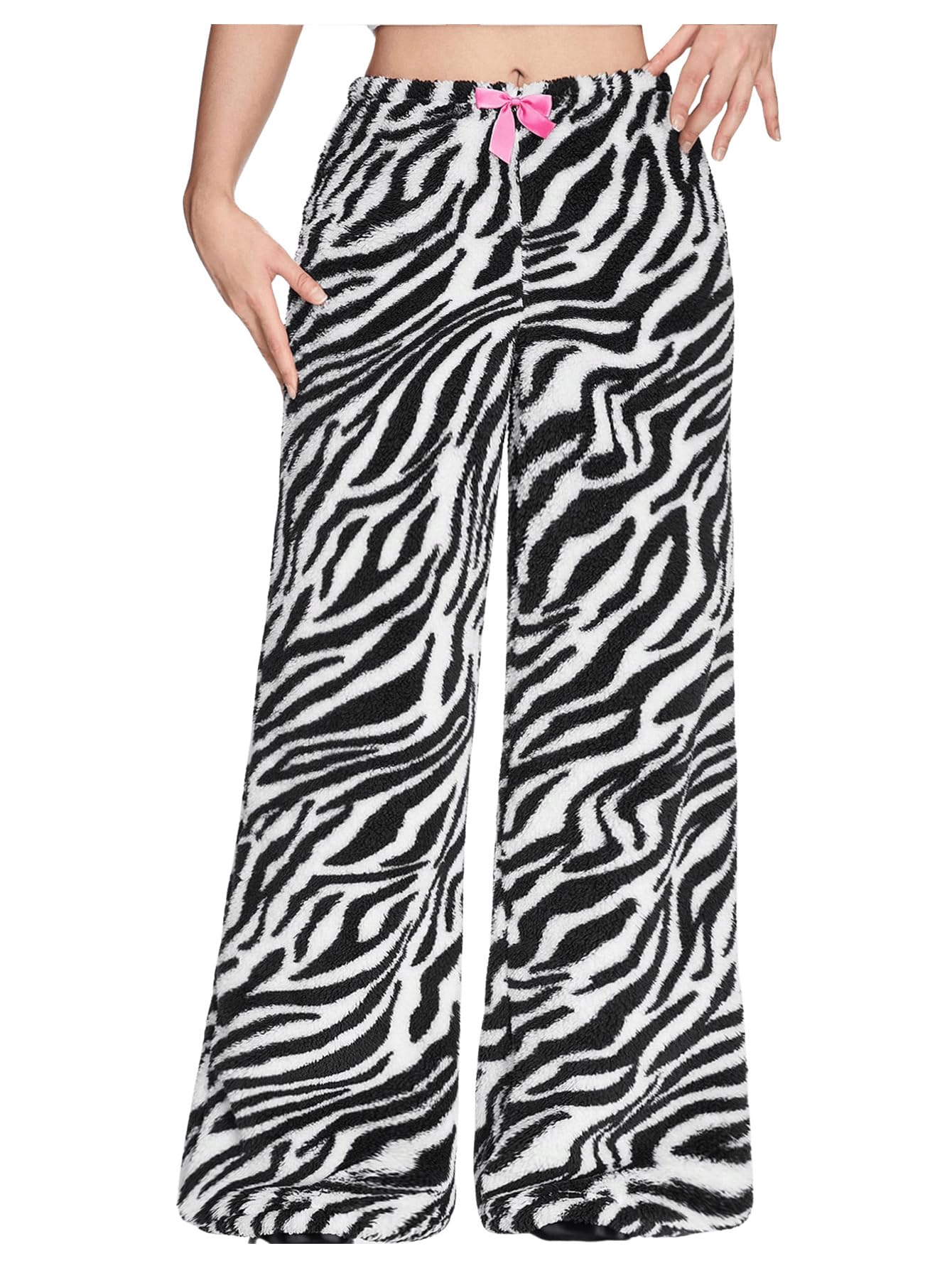 SHENHE Womens Zebra Print Fuzzy Bow Front Palazzo Pants Baggy Loungewear Comfy Trousers