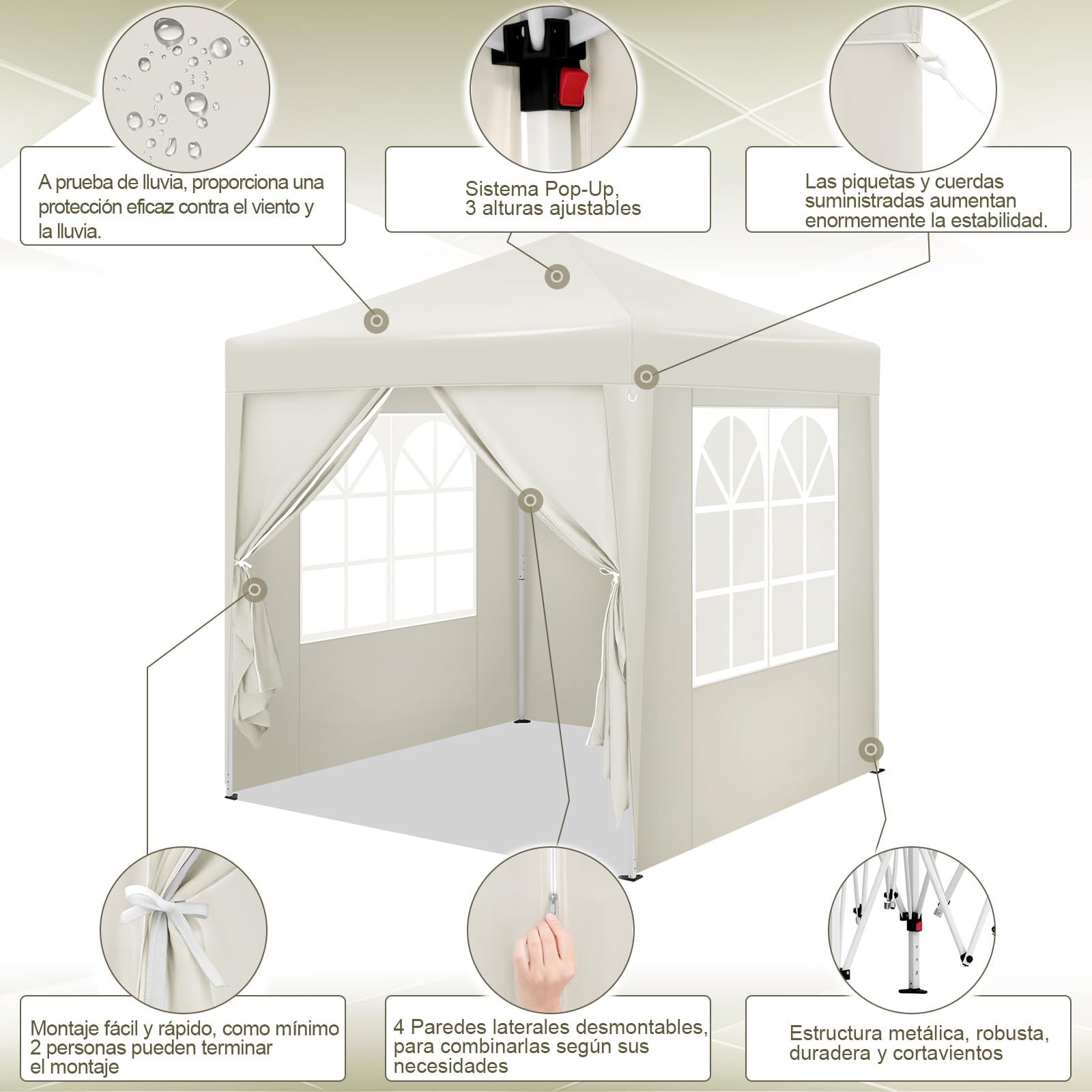 WOLTU Pabellón de Jardín Cenador Plegable Pérgola con Techo Carpa para Exteriores de Tela Oxford, 2x2 m, con Paredes Laterales Altura Ajustable para Camping y Playa, Beige