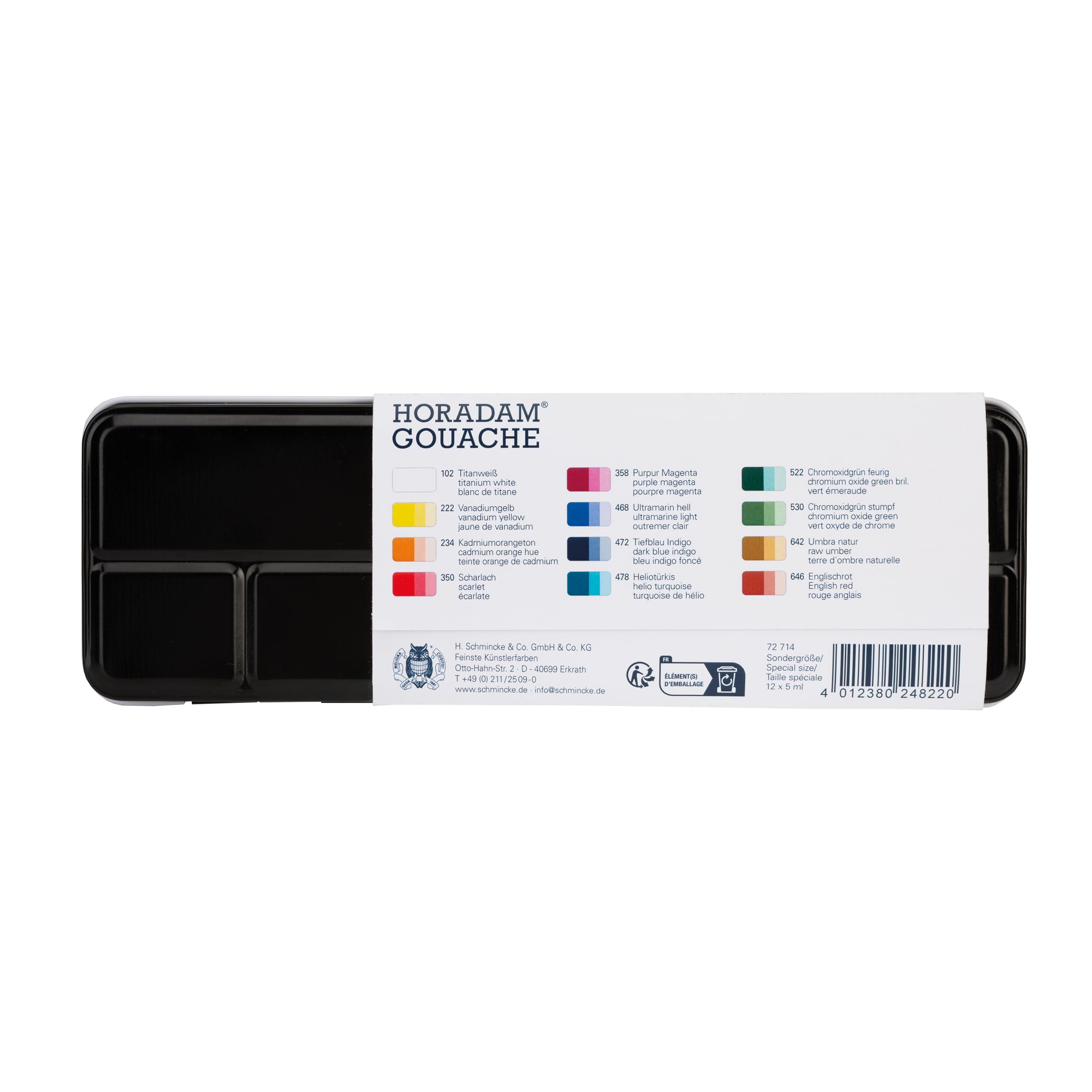Schmincke - HORADAM® Gouache, 12 tubes de 5 ml, 72 714 097, 12 teintes de gouache très fines dans un coffret métallique, concentration maximale des pigments, luminosité et profondeur des couleurs
