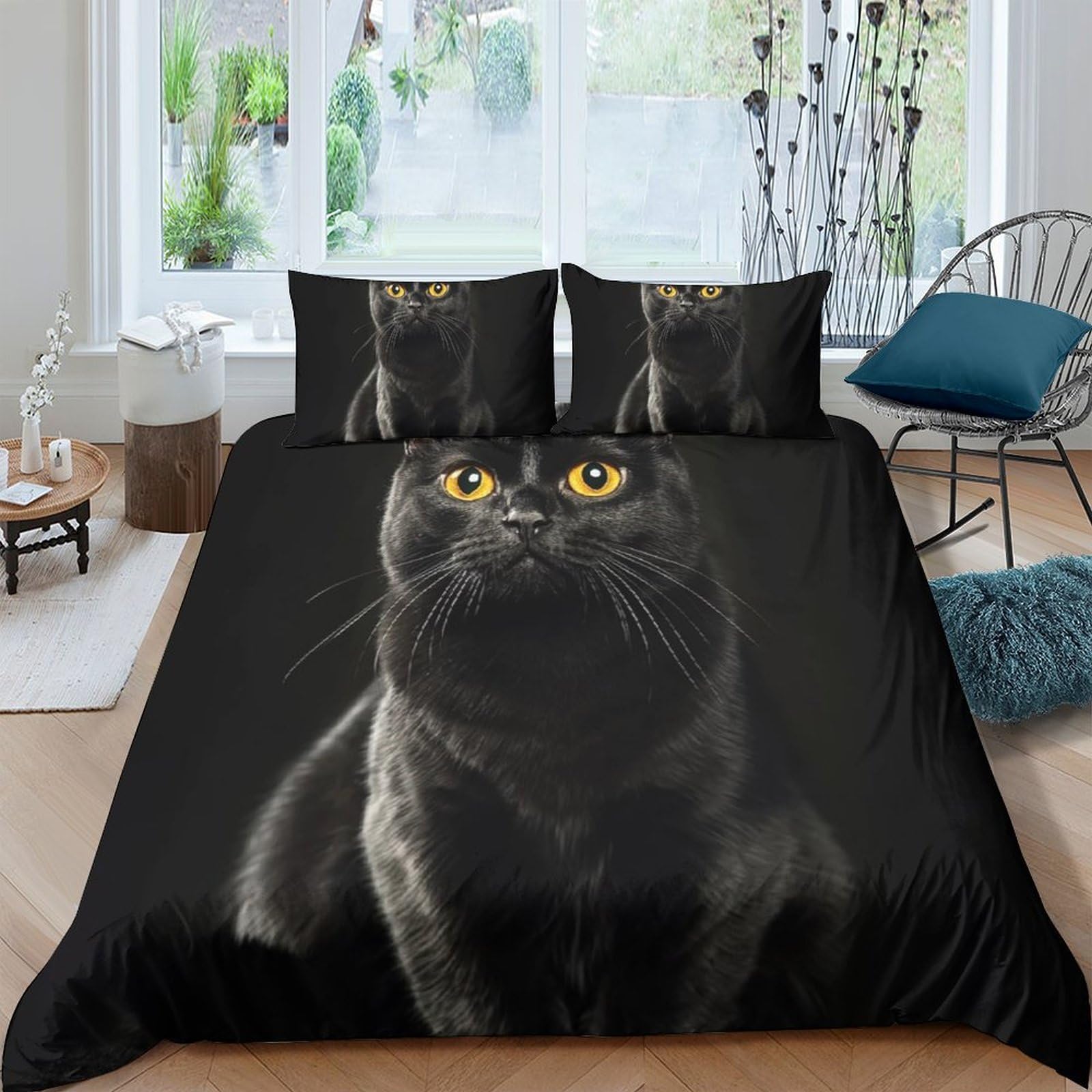 GPLZQXKJNH 3D Printed Black Cat Duvet Cover Microfiber Soft Breathable Yellow Eyes Quilt Cover Set with 2 Pillowcases for Bedroom Decor Single（135x200cm）