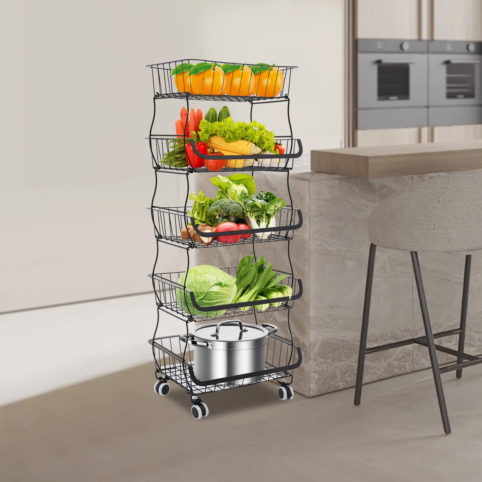 Carrito de cocina de 5 niveles, apilable, cesta de frutas, capacidad de carga de aproximadamente 22,05 libras, se puede mover a voluntad, diseño de rejilla y bandeja de recogida de agua, para colocar