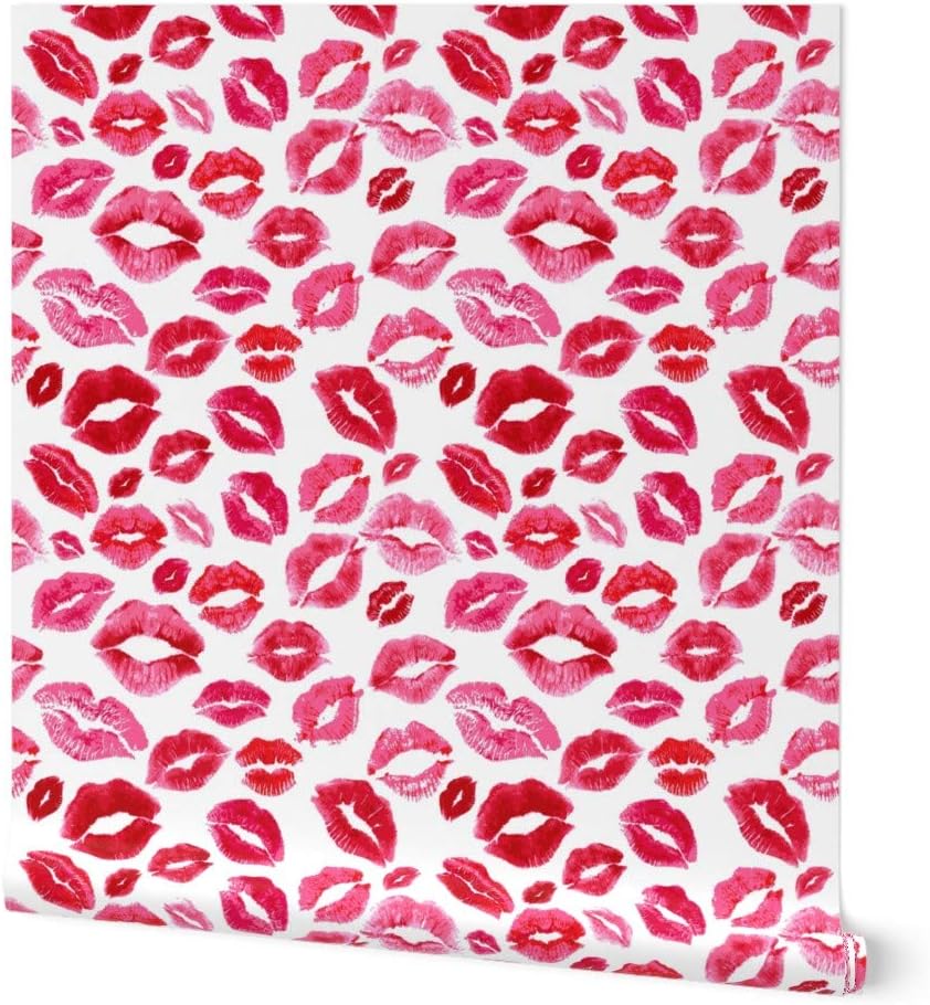 Peel & Stick Wallpaper 12ft x 2ft – Love Lips Red Valentine Beauty Lipstick Kisses Watercolor Valentines Day Girly Makeup Custom Removable Wallpaper by Spoonflower