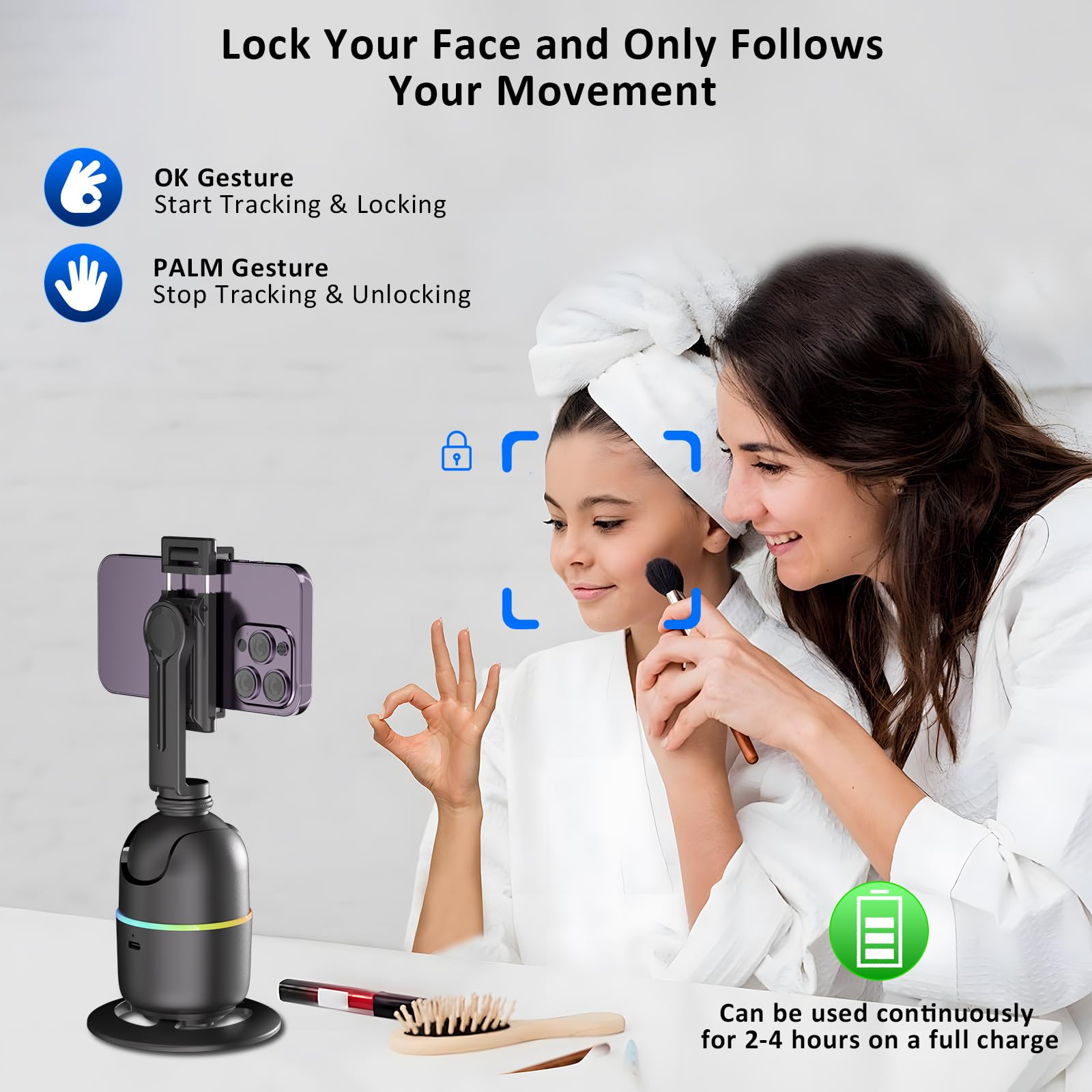 Auto Face Tracking Phone Holder for Phone, GoPro, Compact Camera, 360° Rotation Auto Tracking Mount Compatible with Tripod, Rotating Stand for iPhone for Vlog, Streaming, Video, FaceTime, TIK Tok 1