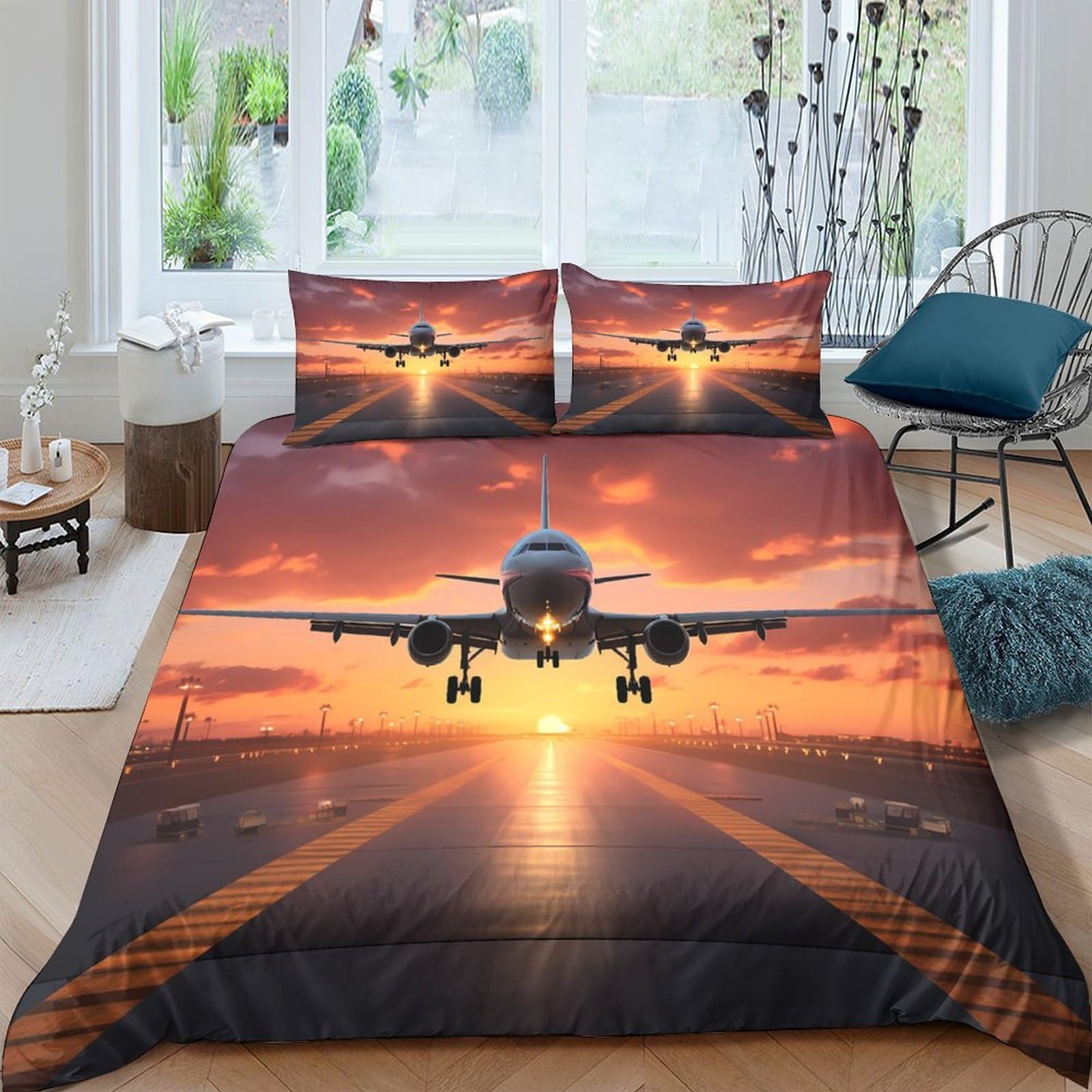 Ctjqhvkz Style-5 3D Printed Sunset Runway Fitted Sheet Microfiber Soft Breathable Airplane Bed Cover For Bedroom Dorm Mattress Decor Single（135X200cm）