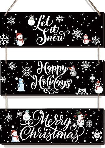 3 piezas de decoración de pared de madera navideña rústica para colgar en la pared, decoración de pared Let It Snow, adornos de madera de Feliz
