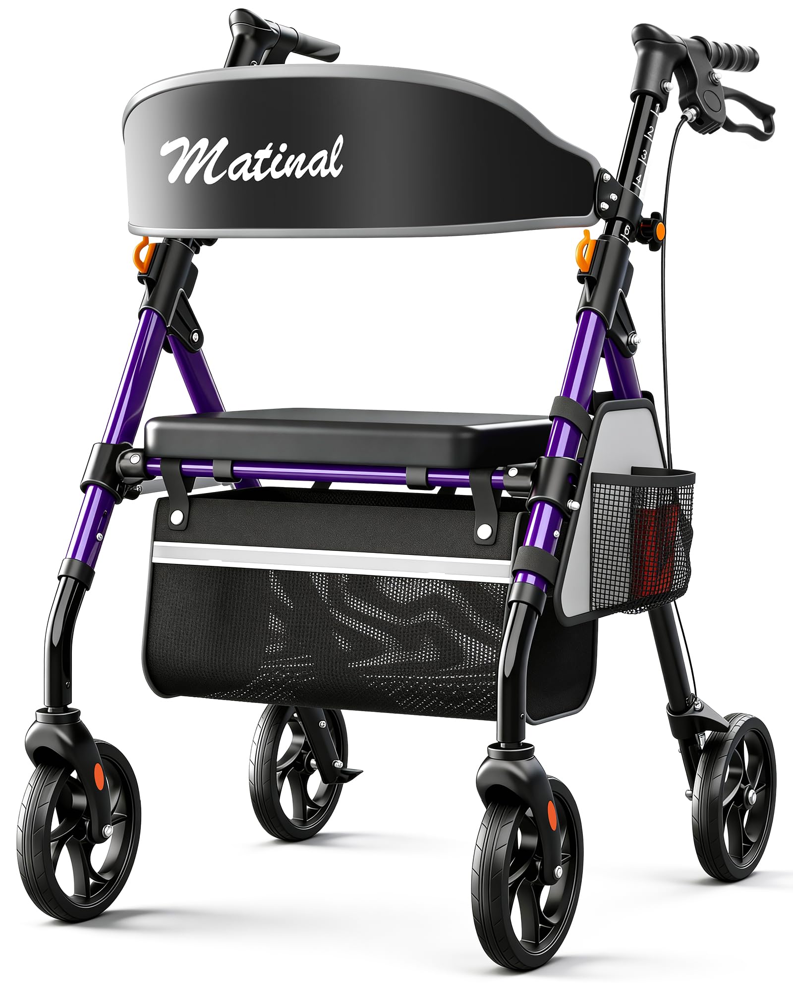 Andadores ligeros y plegables con asiento para personas mayores, capacidad de carga de 158 kg, ruedas de 20 cm, asiento grande de 45 cm, 6 posiciones de altura, marco de aluminio ultraligero