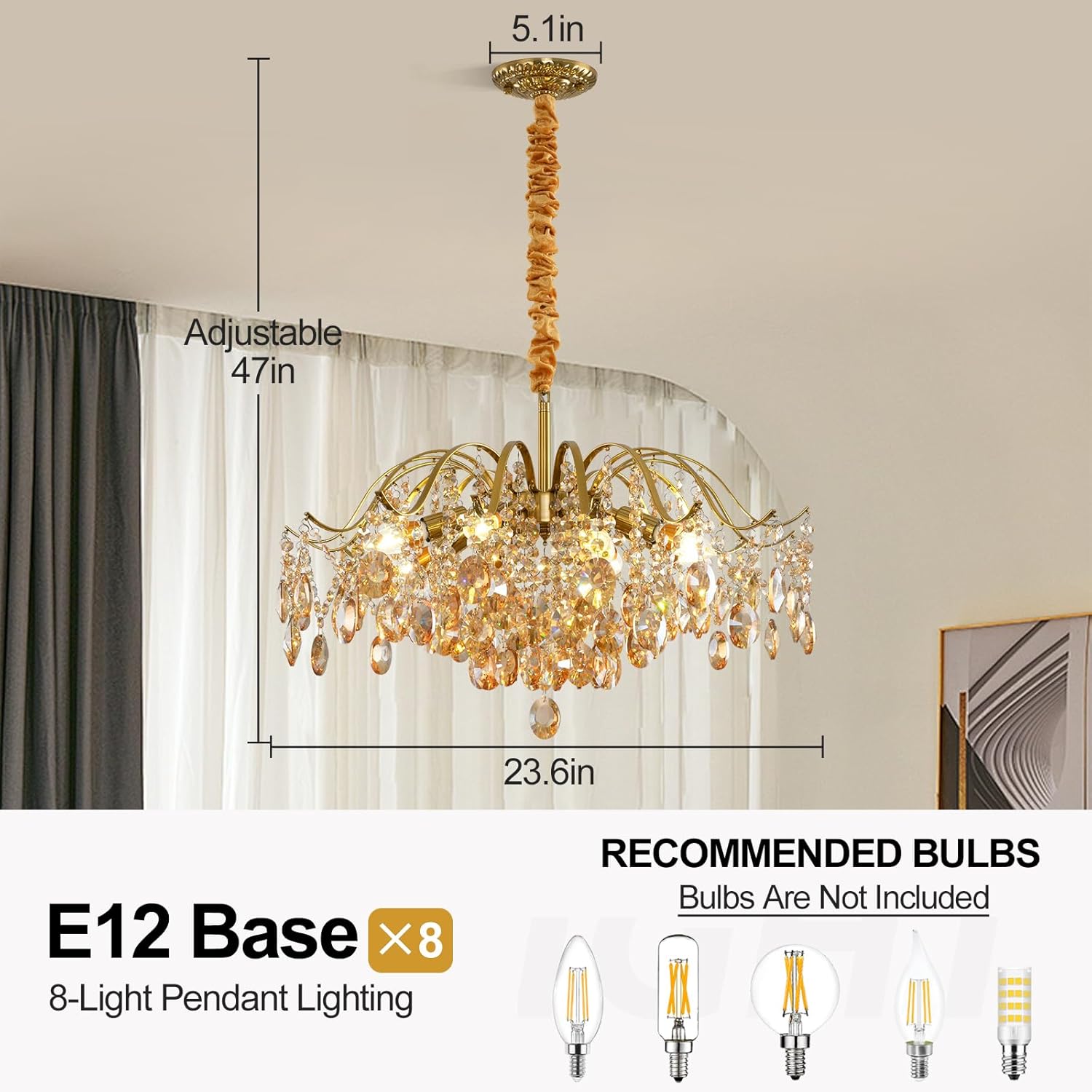 Gold Crystal Chandelier French Crystal Chandelier 8 Lights 24in Semi Flush Mount Chandeliers Amber Clear Crystal Hanging Raindrops Farmhouse Lighting for Living Room Bedroom Dining Room Entryway