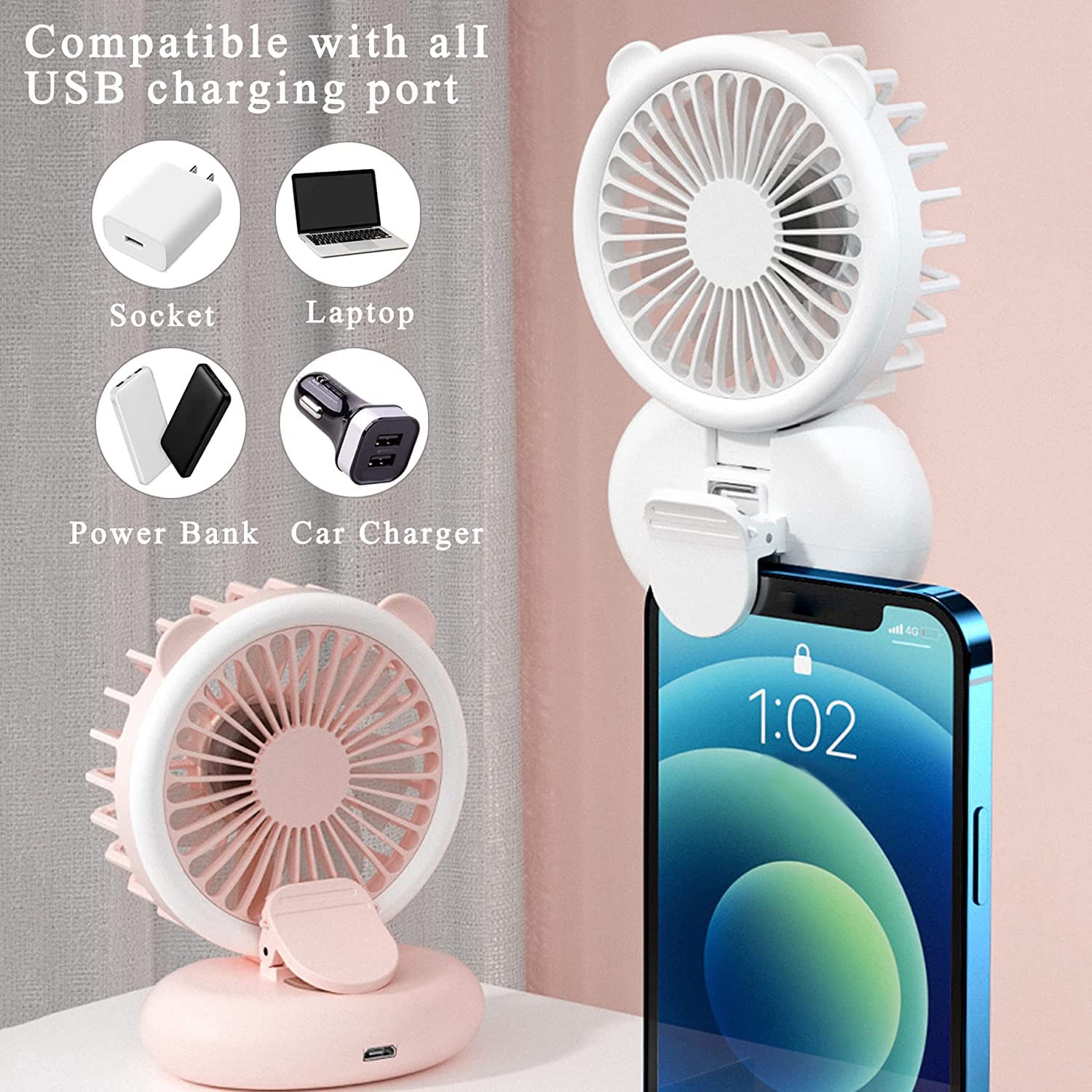 Ręczny mini wentylator z 3 prędkościami, przenośny wentylator zaciskowy USB, lampa pierścieniowa do selfie do zdjęć, kompaktowa konstrukcja do podróży i użytku na zewnątrz