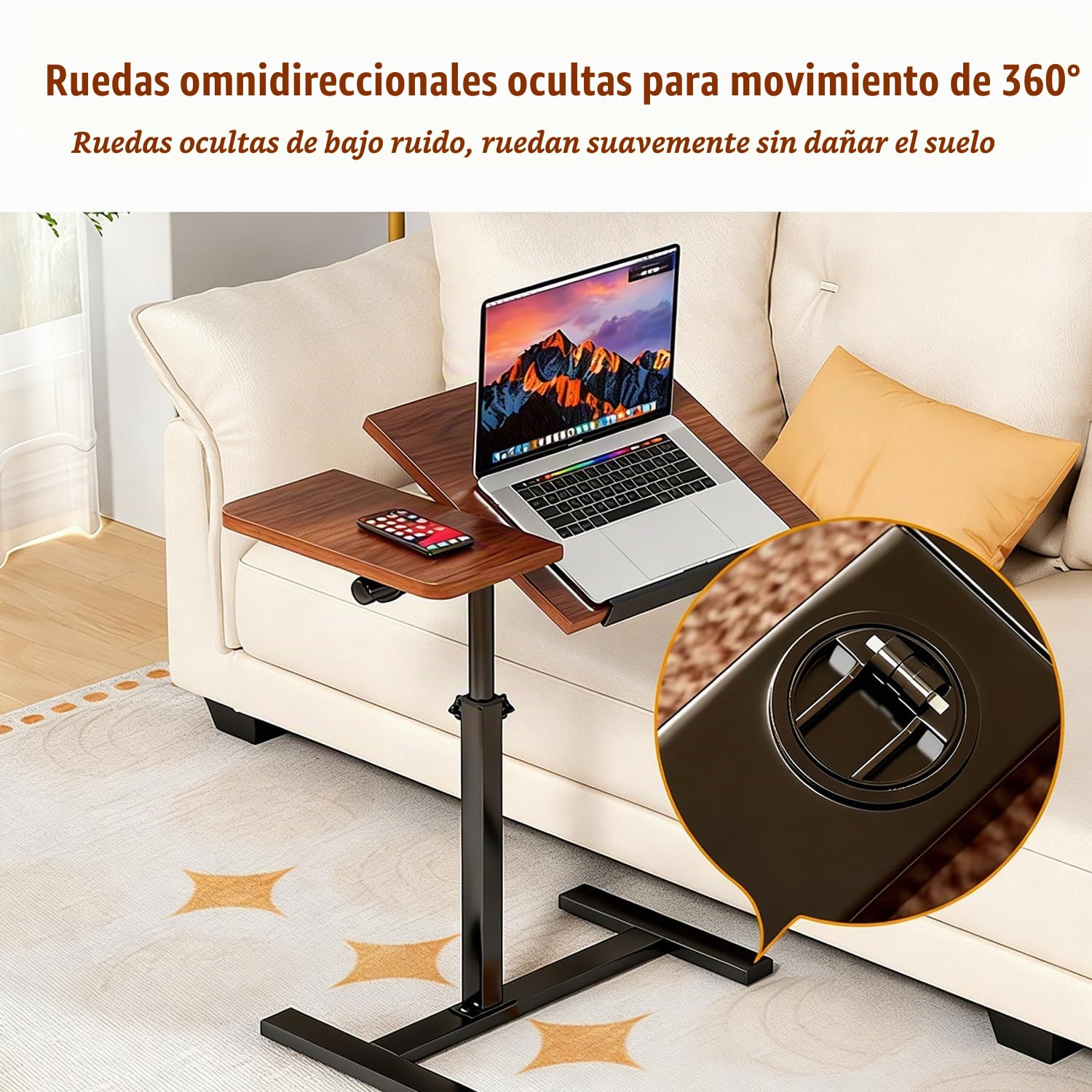 Mesa Auxiliar Con Ruedas,Mesa Para Portátil De Altura Ajustable,Dimensiones 60 x 40 Cm, Con 4 Ruedas Ocultas,El Escritorio Puede Girar 360°,Adecuado Para Computadoras Portátiles,Dormitorio, Sala De Es