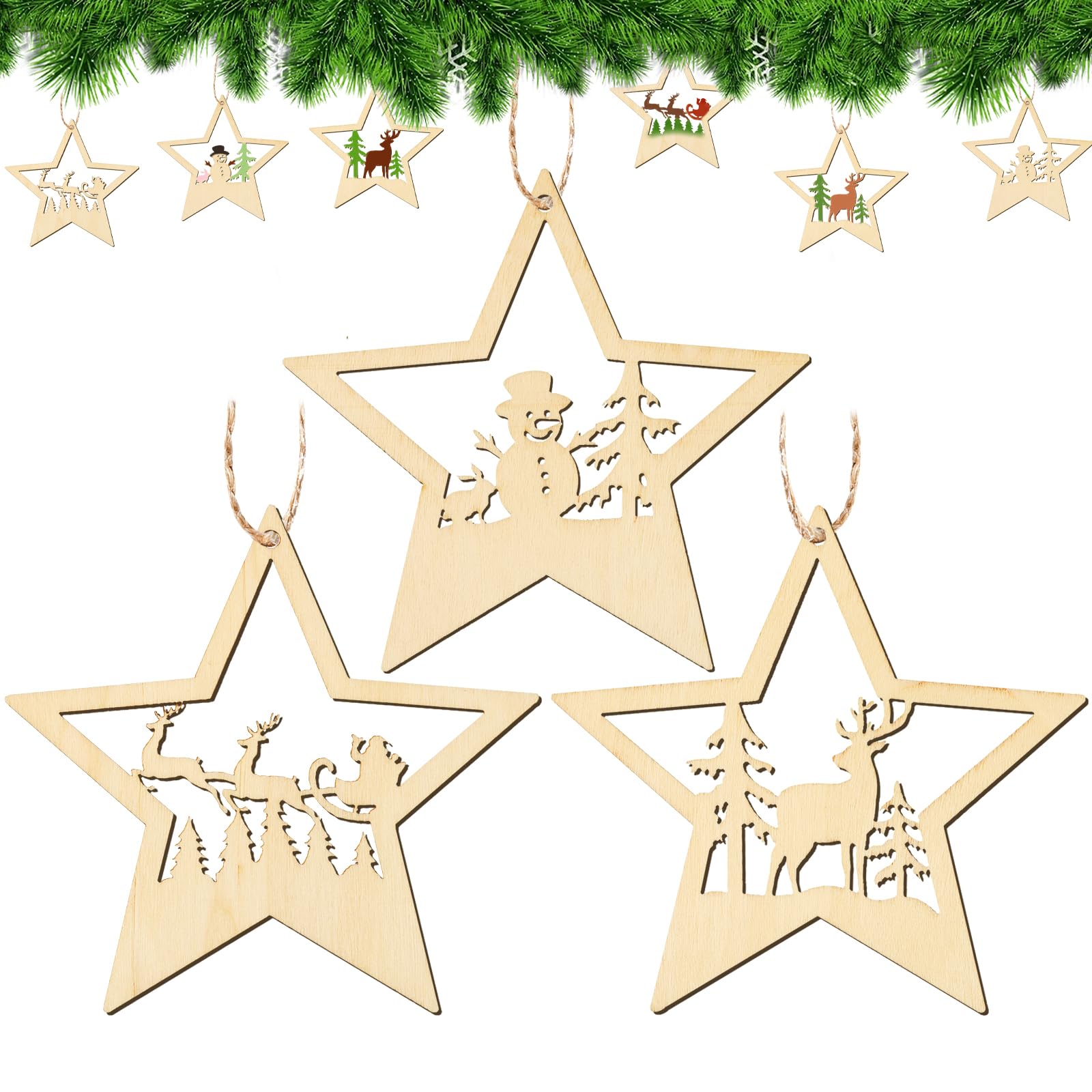 BETESSIN 30 Piezas Colgante Estrellas de Navidad, Adorno Madera para Árbol de Navidad, Decoración Colgante para Árbol de Navidad Caja Bolsa de Regalo Adorno Puerta Ventana Hogar para Fiesta Navidad