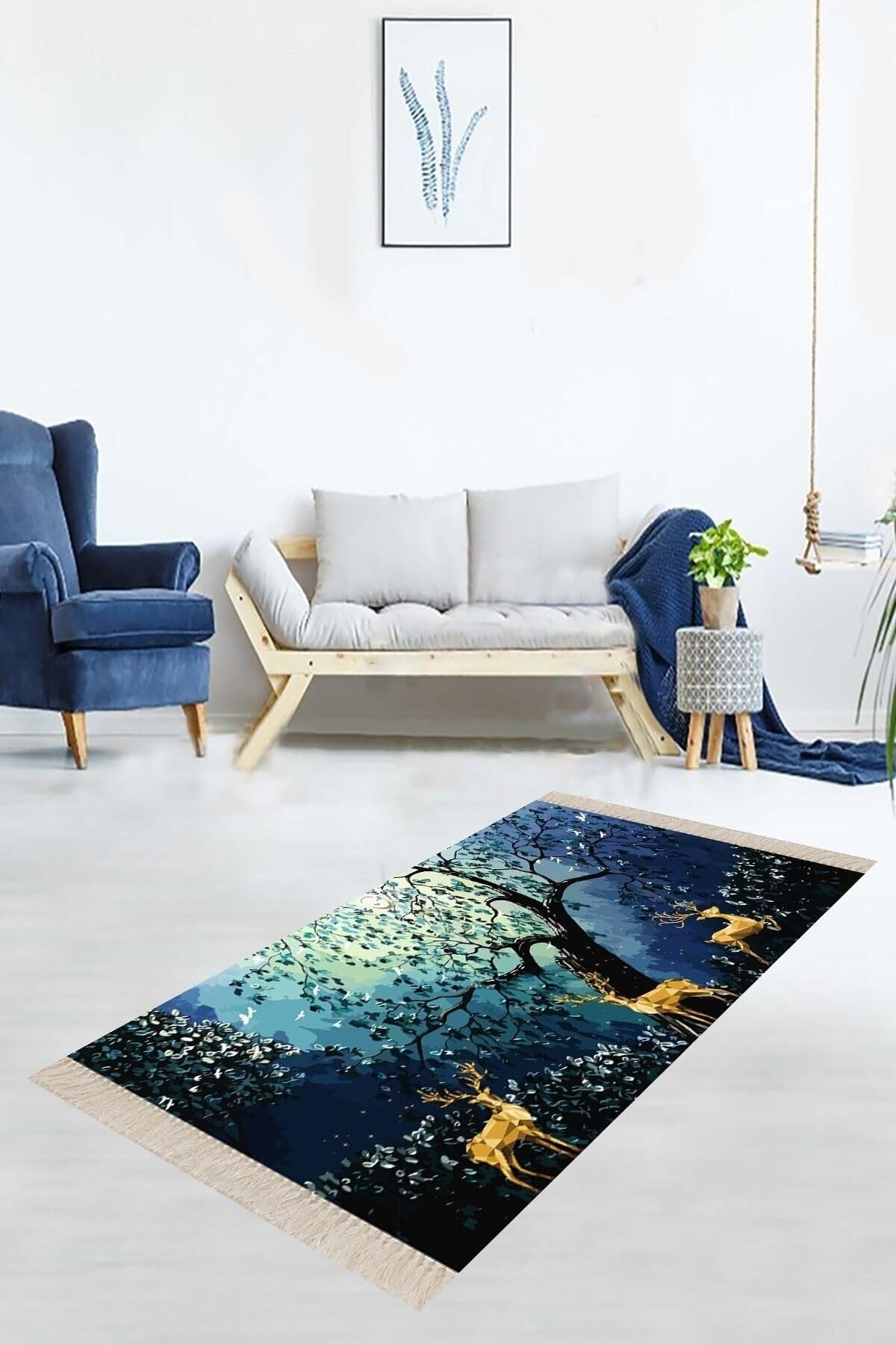 On The Clouds Geyik Ağaç Doğa Desenli Dijital Baskı Yıkanabilir Kaymaz Taban Salon Halı ve Yolluk MEG828, 180 x 250