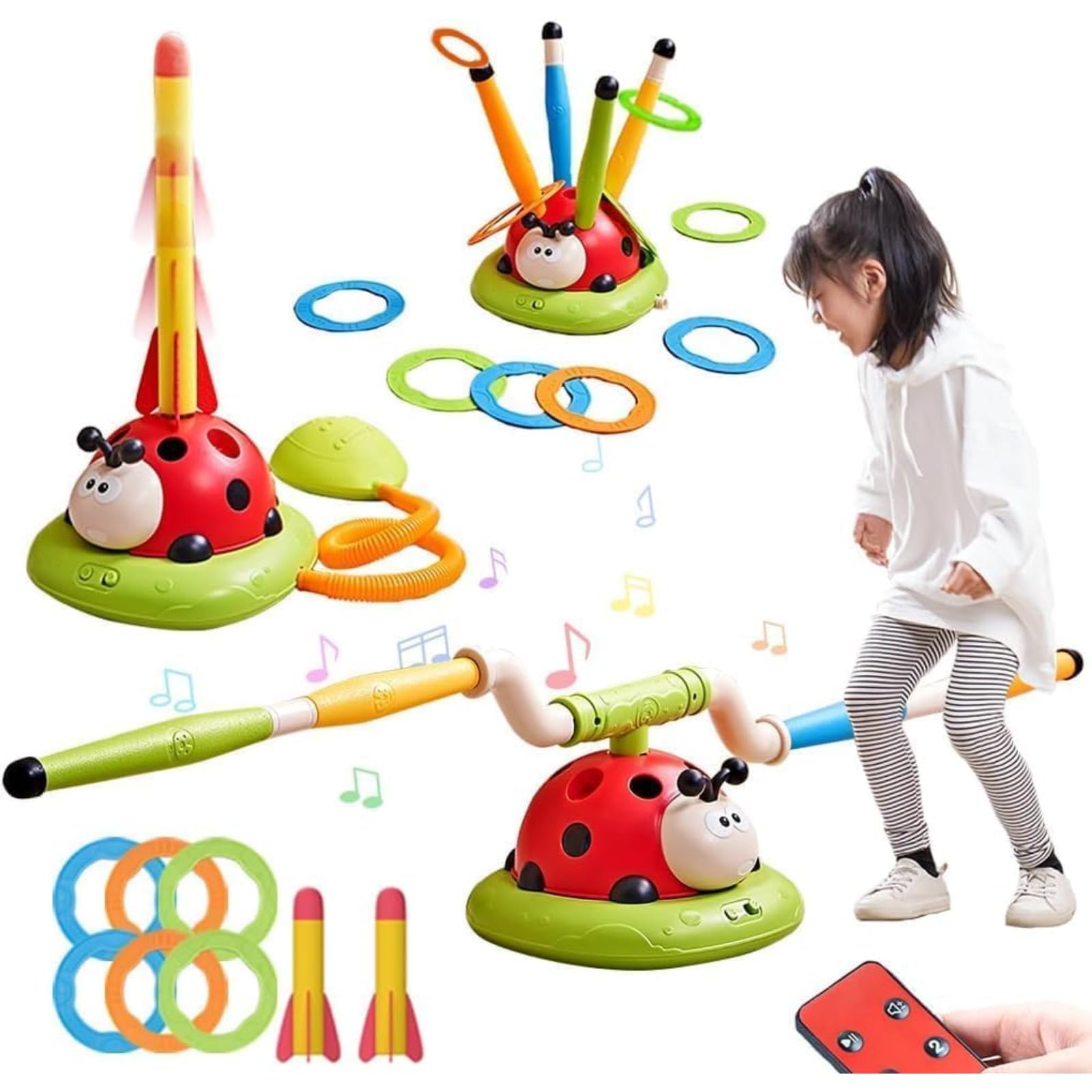 3 in 1 Musical Jump, Toss Ring Game and Stomping Launch Rocket Launcher for Kids Toys for Girls Boys Sports & Outdoors Toy for Ages 3-8 with Remote Control Outside Toys for Kids Ages 3-8