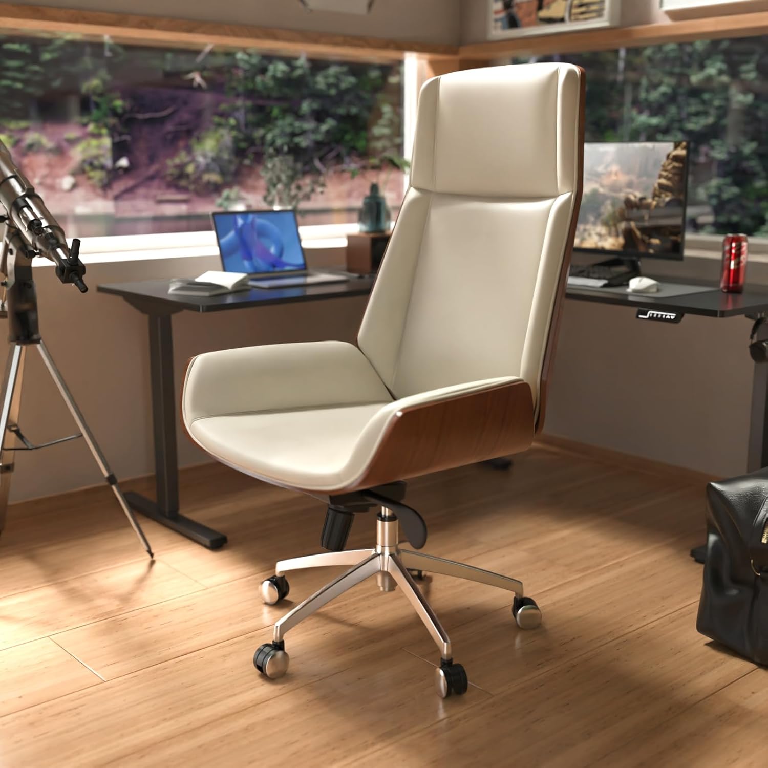 FOH Luxury Wooden Swivel and Adjustable Executive Chair, Wide Pu Leather Office Chair, Modern and Vintage Design High Back Computer Desk Chair for Conference Rooms and Home Offices (White)