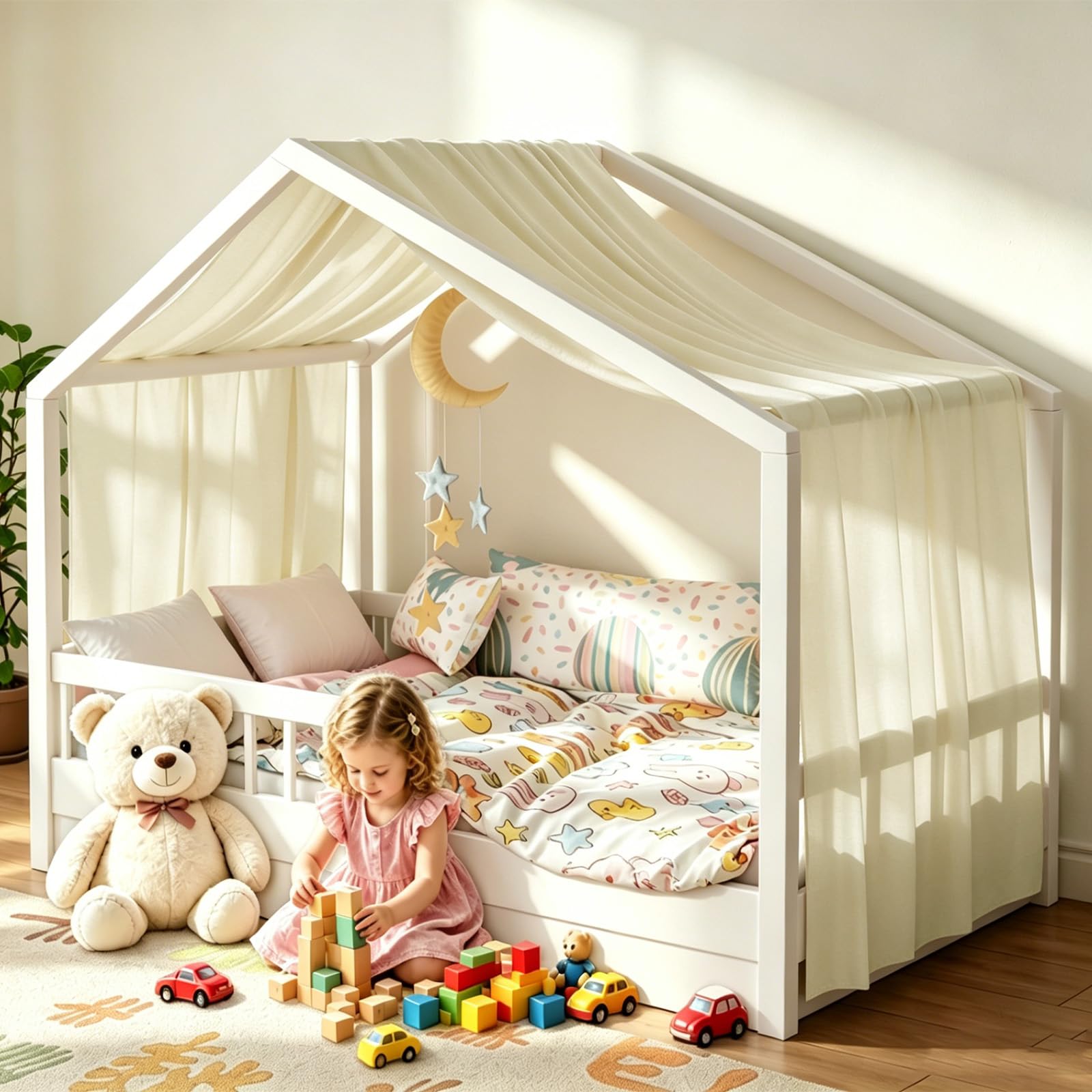 Lit Cabane Enfant, Ciel de Lit Cabane avec 1 Pièces Rideaux, Baldaquin Ciel en Tissu Doux Respirant, Ensemble de Décoration pour Chambre Fille Garçon (Beige, 145x360cm)