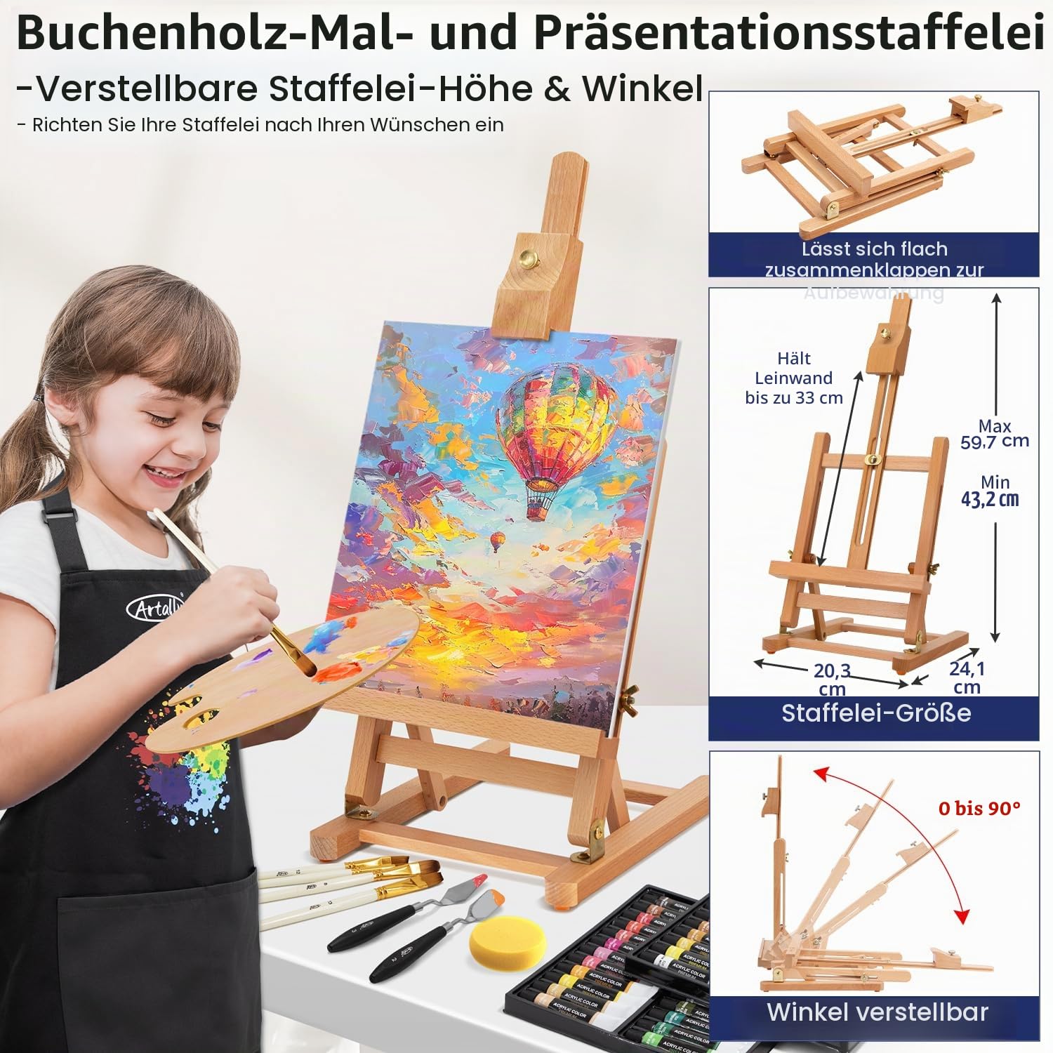 86-teiliges Acryl-Malset mit Tischstaffelei, 48 Farben, Acrylfarben-Set, Pinsel-Set und Etui, Pinselbecken und Kunstschürze, komplettes Kunstbedarf, Malset für Erwachsene, Künstler, Anfänger