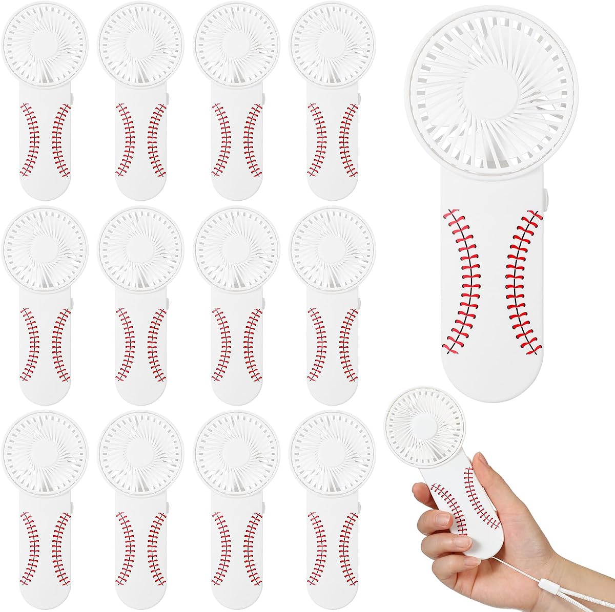 Honoson 12 Pcs Mini Baseball Fan Handheld Portable with Lanyard White | Party Favors for Baseball Theme Events, Team Gifts for Outdoor Sports Games, Battery Operated, Includes Neck Lanyards
