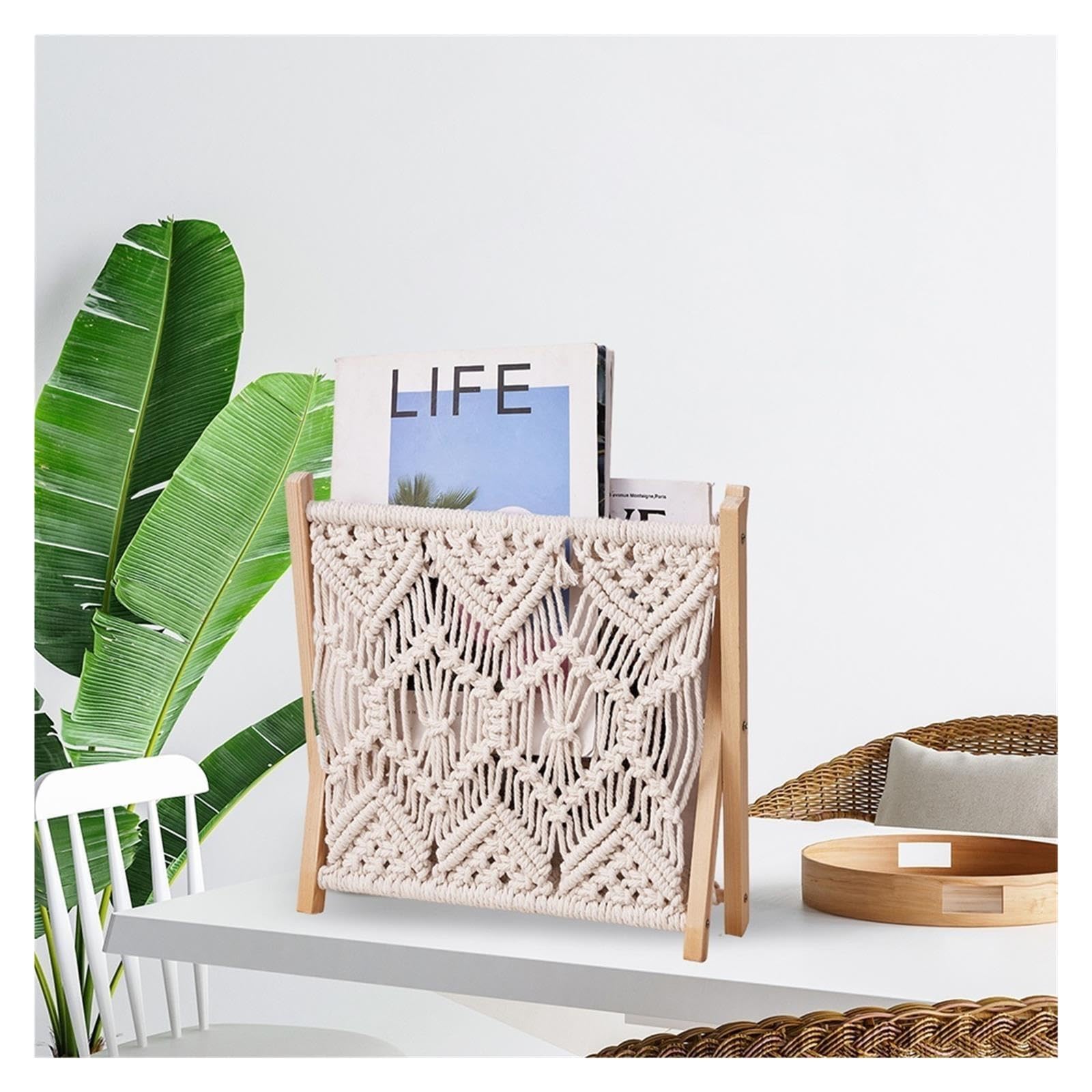Porte-revues en macramé Porte-revues, panier de rangement fichiers style bohème
