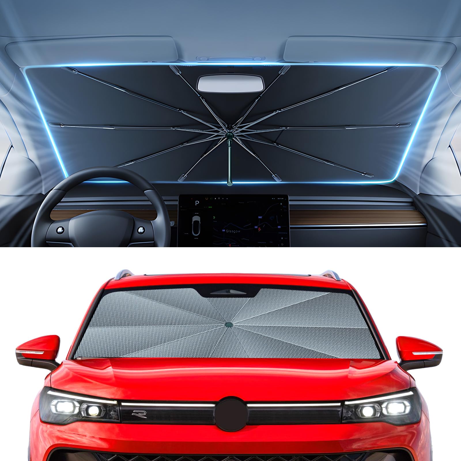 Autorder Windshield Sun Shade Umbrella for 2025 Volkswagen VW Tiguan Accessories,Upgraded Ice Crystal Material,Easy Setup Umbrella Sunshade for Car Windshield,100% Sun Blocking