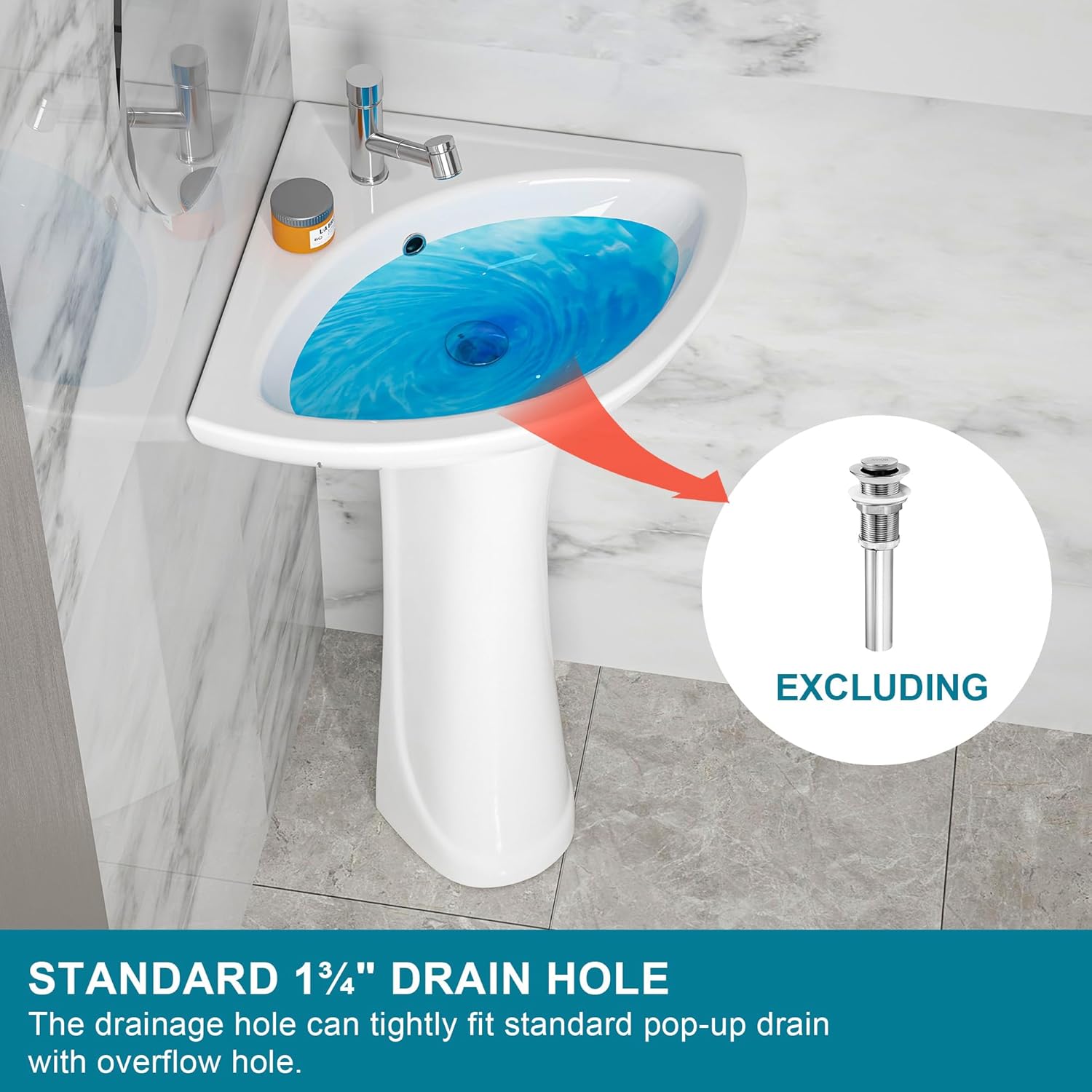 Corner Pedestal Sink White 1 Hole, 23 x 19 Inch Small Bathroom Pedestal Sink Combo, 1 Overflow Hole, 1 Faucet Hole, Pure White Porcelain, Triangular, for Corner of Bathroom