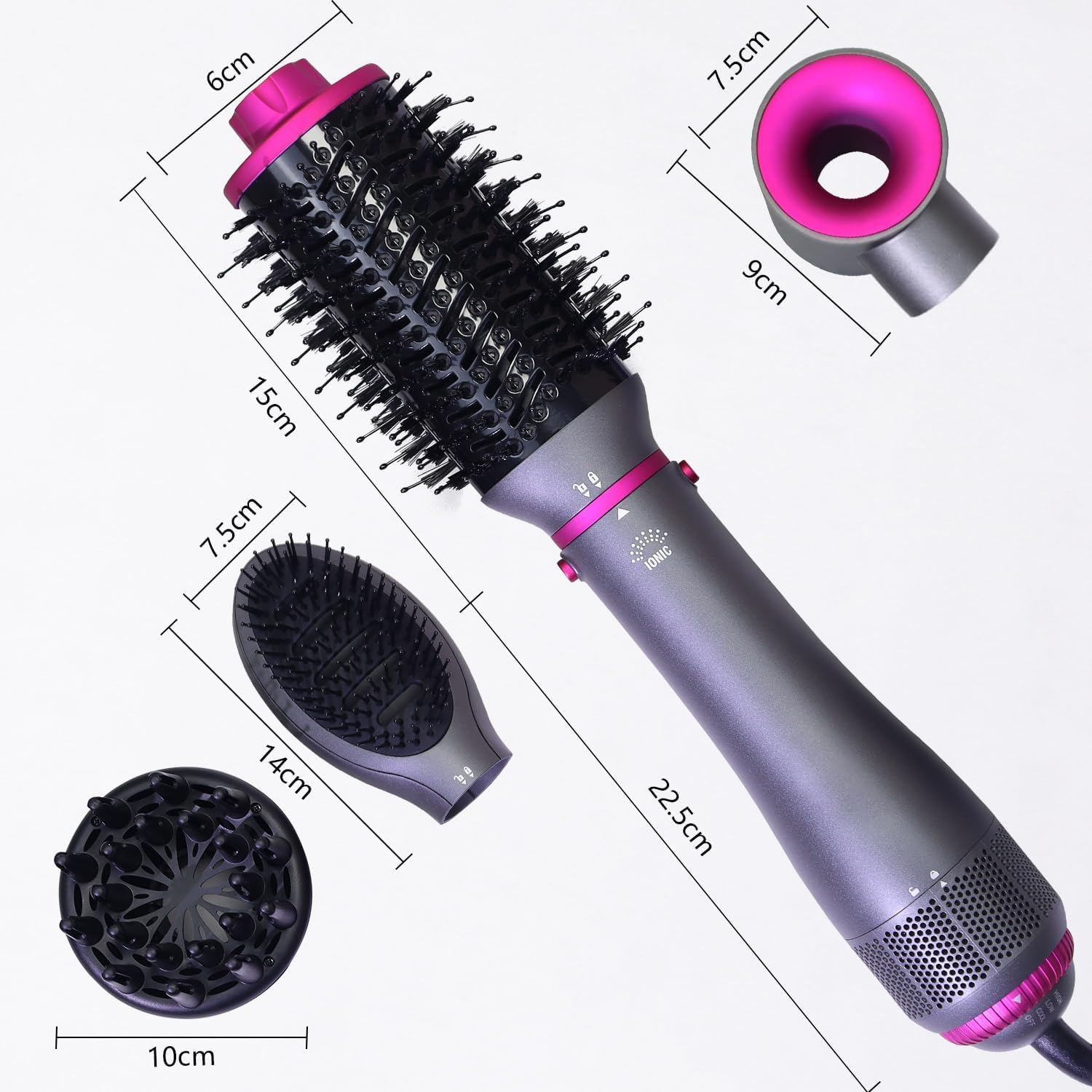 Haartrockner-Bürste, 4-in-1, Blasbürste, abnehmbarer Haartrockner mit negativen Ionen, mit Diffusor, Heißluftbürste, mit Glättbürste für Frauen, Friseur zu Hause Gri