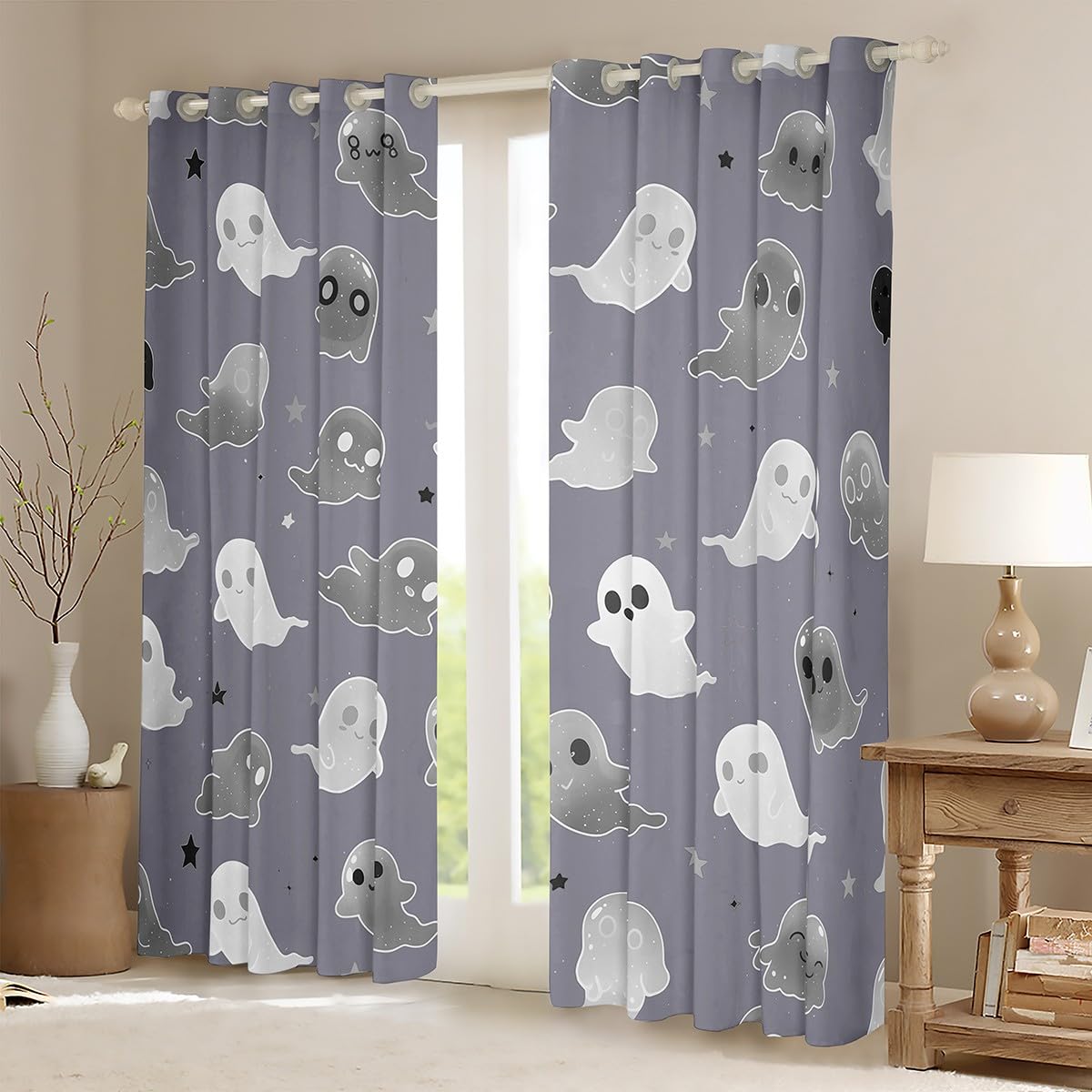 Erosebridal Cartoon Ghost Curtains for Boys Girls Cute Spooky Animal Curtains & Drapes, Happy Halloween Blackout Curtains Festival Themed Bedroom Curtains, Glitter Stars Window Treatments, Grey