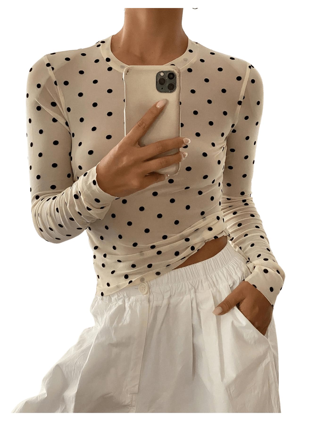 SHENHE Women's Polka Dots Sheer Mesh T Shirt Long Sleeve Round Neck Slim Fitted Streetwear Top