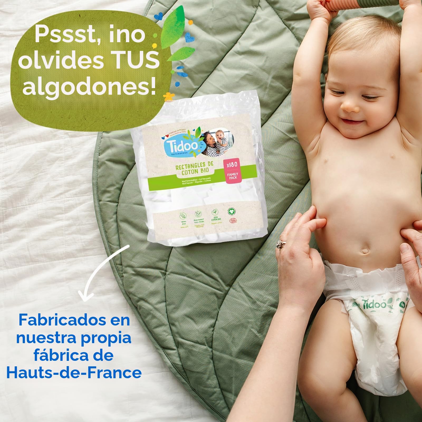 Tidoo – Pañales ecológicos talla 2 (3-6 kg) – Origen natural, libre de sustancias nocivas – 12 horas secas, ultra absorbentes – Fabricado en Francia – 150 capas desechables – Paquete de 1 mes