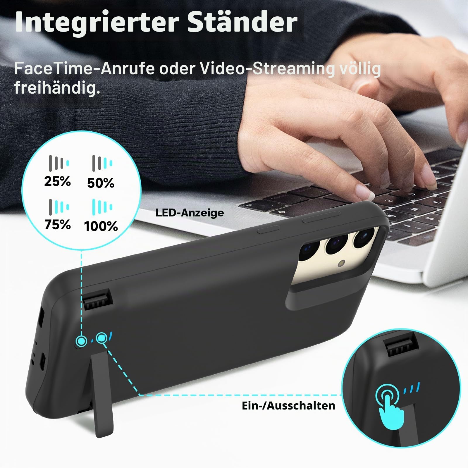 Akkuhülle für Samsung Galaxy S24/S25 (6,2"), 7000 mAh,Schlanke Wiederaufladbare Ladehülle, Erweiterte Ladehülle, Backup-Akkuladegerät,Tragbare Powerbank für Samsung Galaxy S24/S25- Schwarz