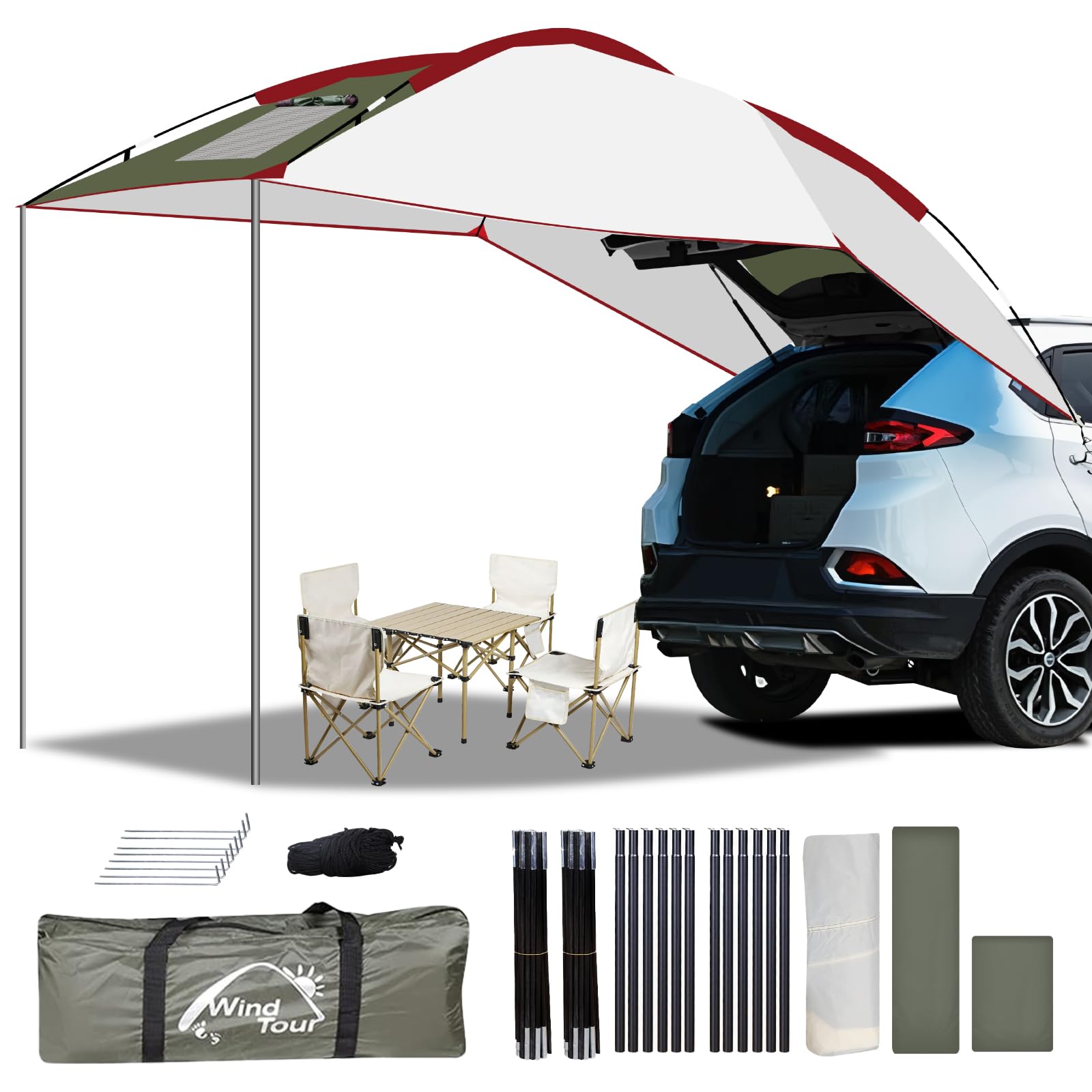 Tente de Voiture Arrière Extérieure - Auvent Caravane/Fourgon Imperméable & Anti-UV Polyester, Léger Portable pour Camping, Pêche, Famille (2.4x1.9m) avec Fenêtre Aérée et Montage Rapide