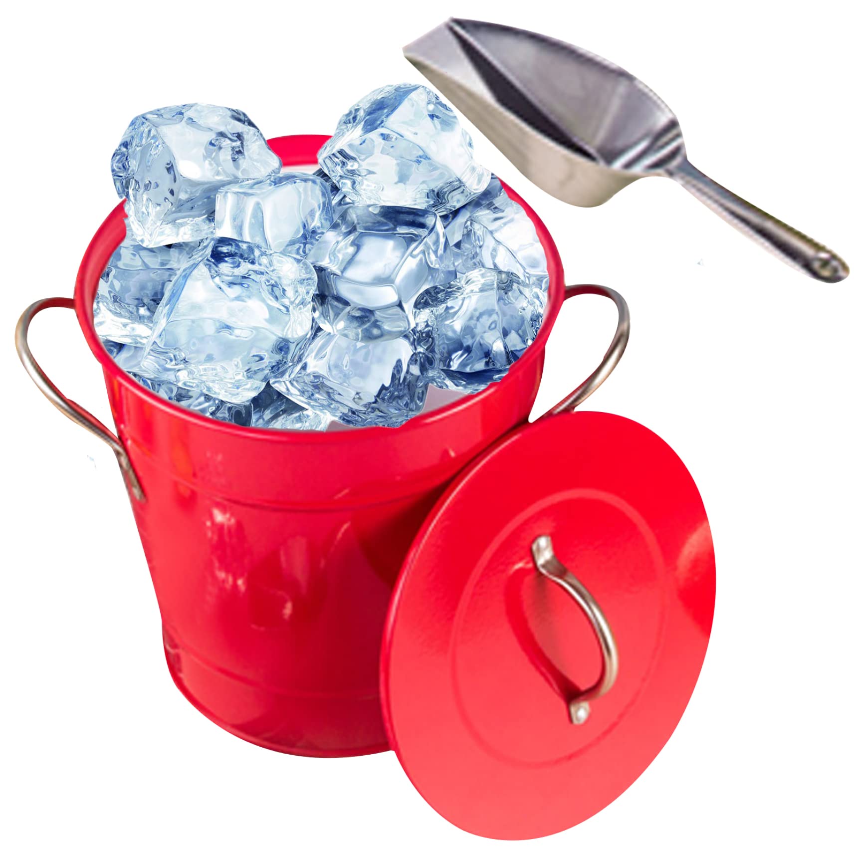 KUYYFDS Ice Buckets, Ice Bucket with Lid and Ice Scoop Vintage Metal Champagne Bucket Insulated Wine Bucket with Handle Keeps Beers Cold for Home Bar Party Red