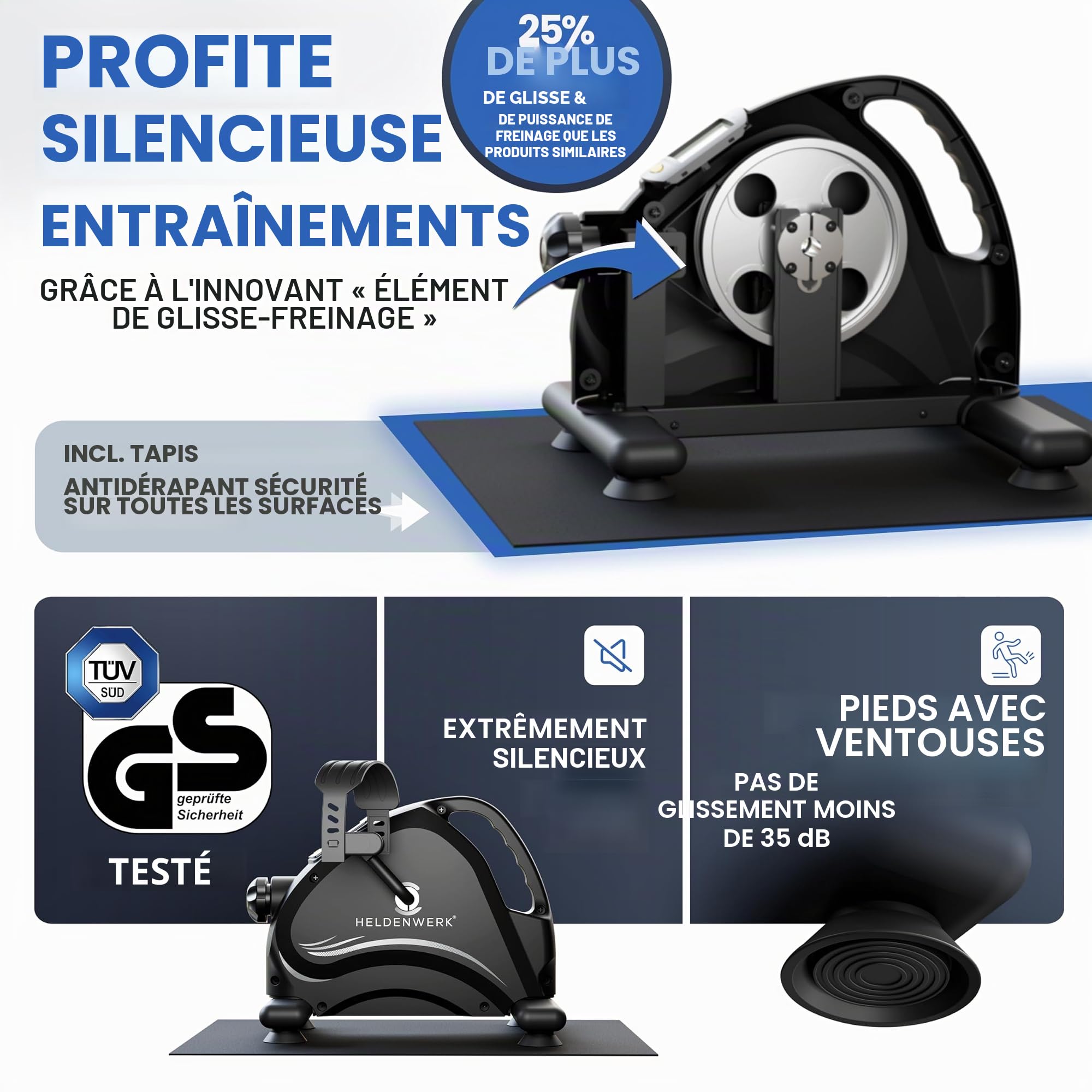 HELDENWERK Kit d'entraînement au pédalier - Certifié TÜV/GS avec sangle de fixation et tapis antidérapant - Entraîneur des bras et des jambes pour la maison - Pédalier d'entraînement pour seniors