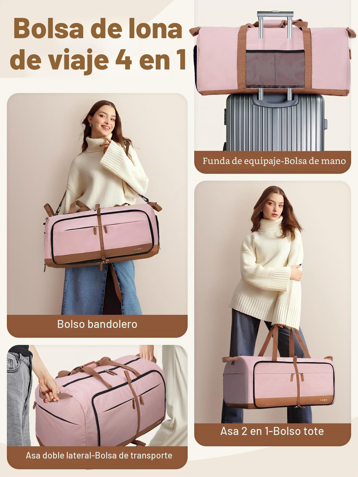 Lekesky Bolsa de Viaje Mujer 80L Bolso de Viaje Plegable Bolsa de Deporte Weekender con Compartimento para Zapatos, Bolsa de Equipaje de Mano Impermeable/Bolsa de Deporte/Bolsa de Hospital (Rosa)