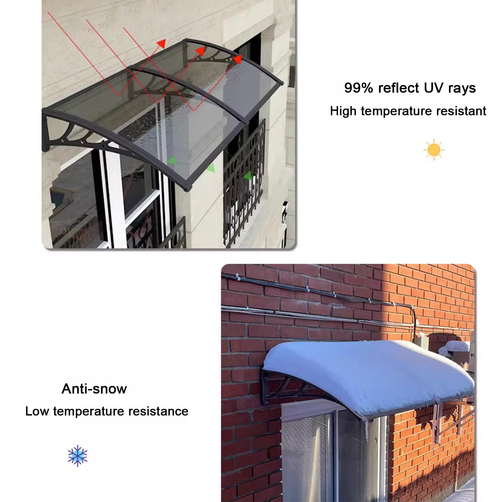 Vordach Haustür,Vordach Haustürvordach,UV-Schutz Regenschutz Türvordach Haustürdach Pultvordach aus 2.5 mm Polycarbonat und Aluminium Rahmen,60/80/100/120/150 cm Breite (60x160cm/24"x63")