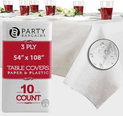 PARTY BARGAINS 10 manteles desechables de 54 x 108 pulgadas, 3 capas de papel y plástico, color blanco