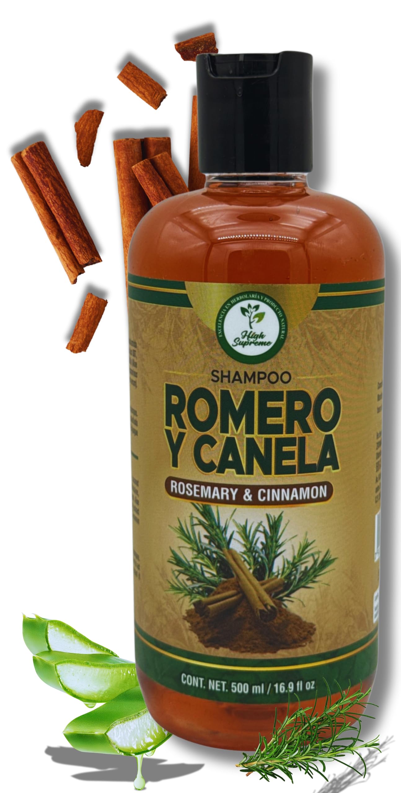 HIGH SUPREME Shampoo Romero & Canela (Rosemary & Cinnamon) 16.9 fl oz Nutrir y revitalizar (Nourish and Revitalize) your hair PREMIUM SHAMPOO