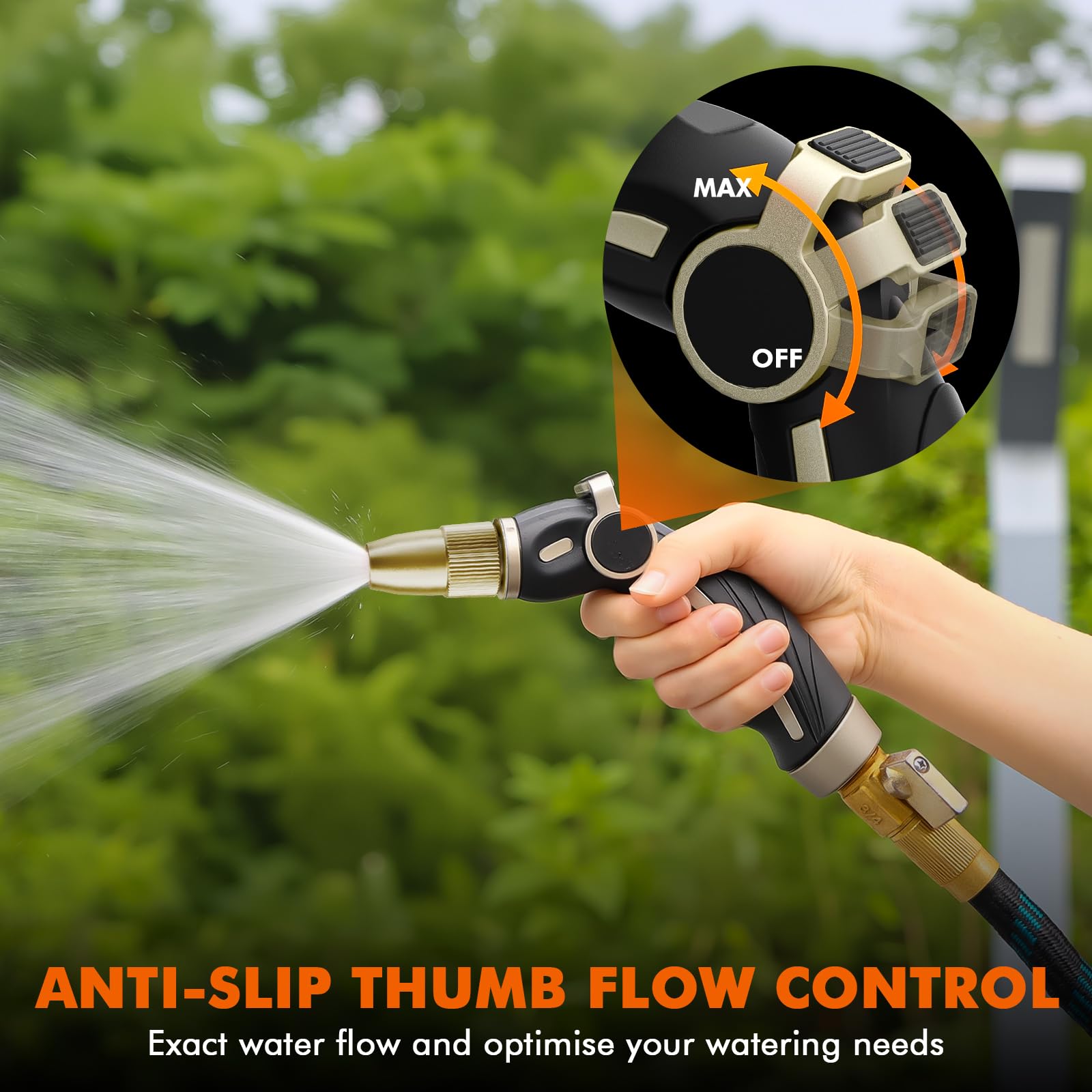 RESTMO Schlauchdüsen-Sprüher, robuster Messingkopf, Hochdruck-Metall-Wasserschlauchdüse für Autowäsche, Gartenreinigung, einstellbare Daumenstromkontrolle, 4 Sprühmuster