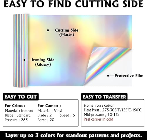 Miniatura 4 de Retwinkle Vinilo holográfico de transferencia de calor HTV plateado de 12 x 20 pulgadas, 2 hojasrollo de vinilo HTV para camisas, vinilo para