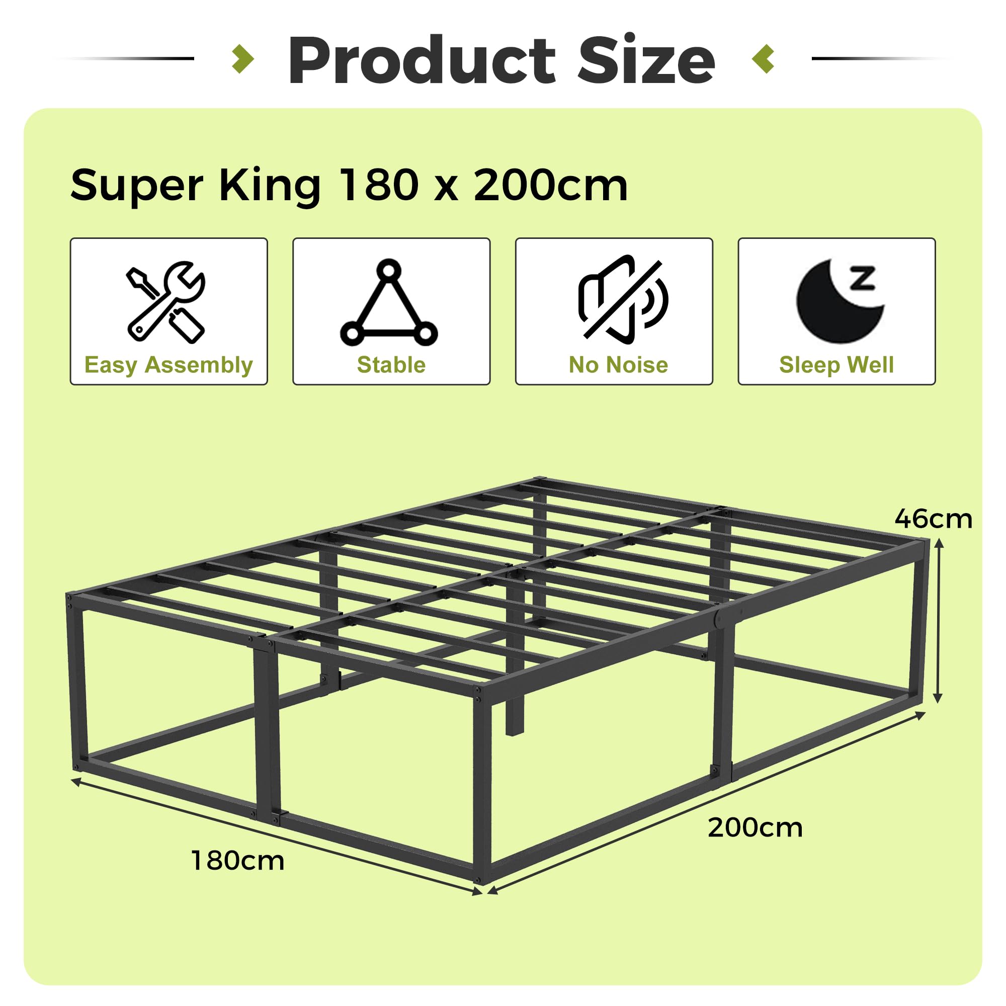 EMODA Cadre de Lit 180x200 avec Sommier en Métal 46 cm de Haut, Cadre de Lit Plateforme Résistant avec Support à Lattes Acier, Grand Rangement sous Lit, Silencieux, Assemblage Facile, Noir