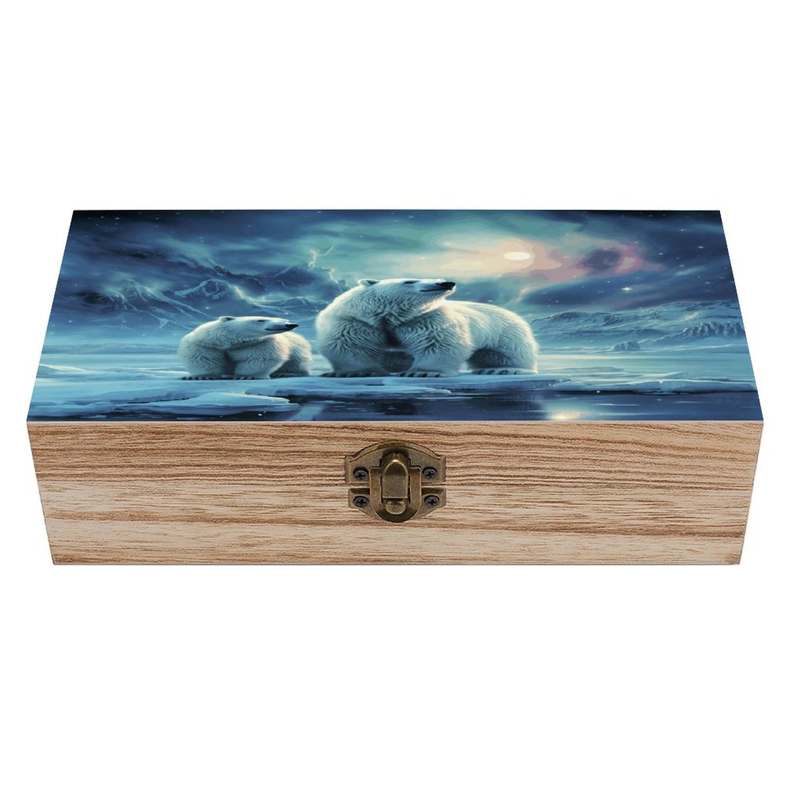 VstaDank Polar Bears Northern Lights Wooden Storage Box Wooden Keepsake Box with Hinged Lid Exquisite Solid Wood Decorative Jewelry Case Memory Box for Jewelry Photos Letters Crafts Trinkets